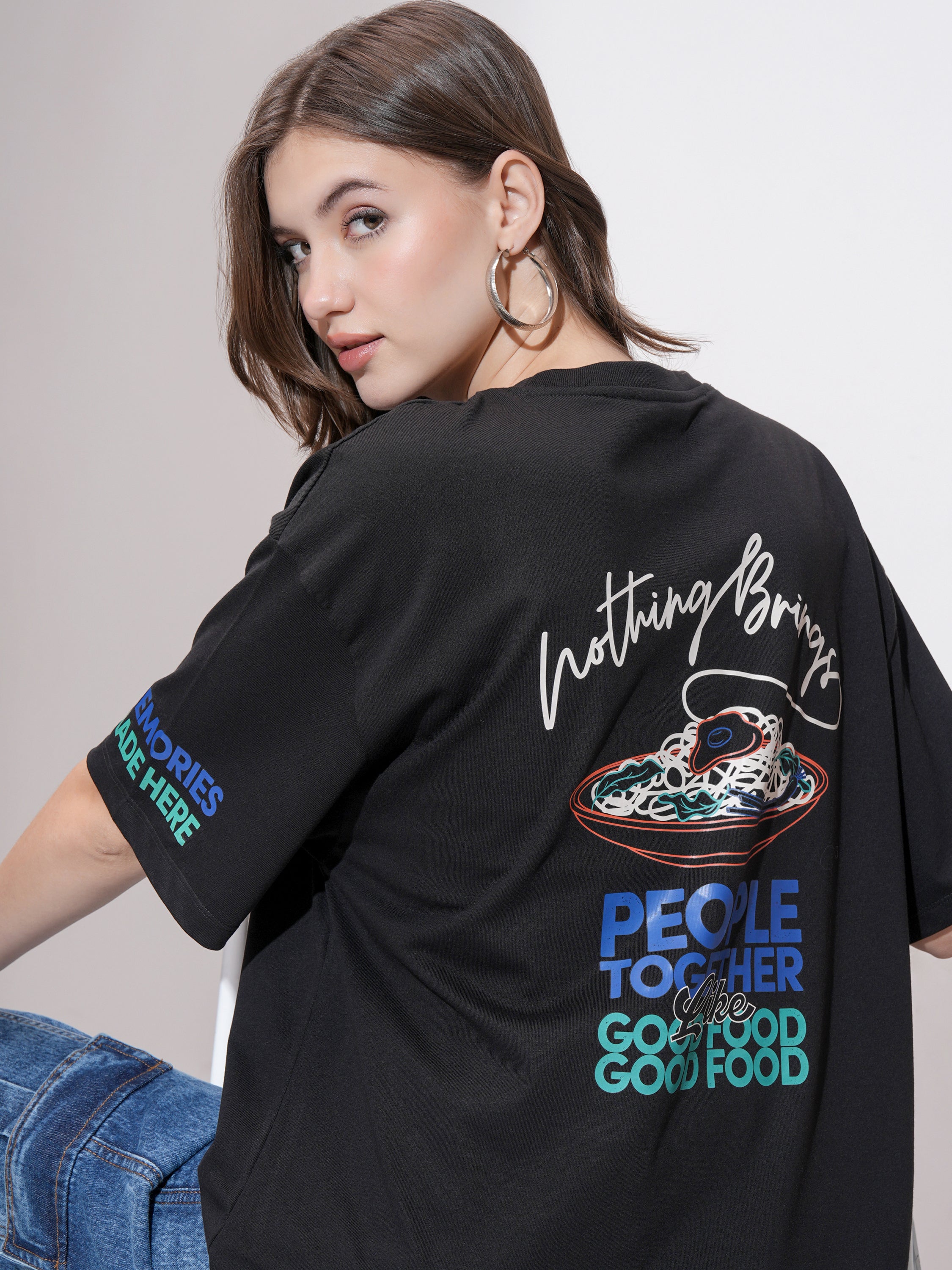 Tokyo Talkies Women Black Printed Round Neck Oversized Fit T-Shirt - Black - Image 1
