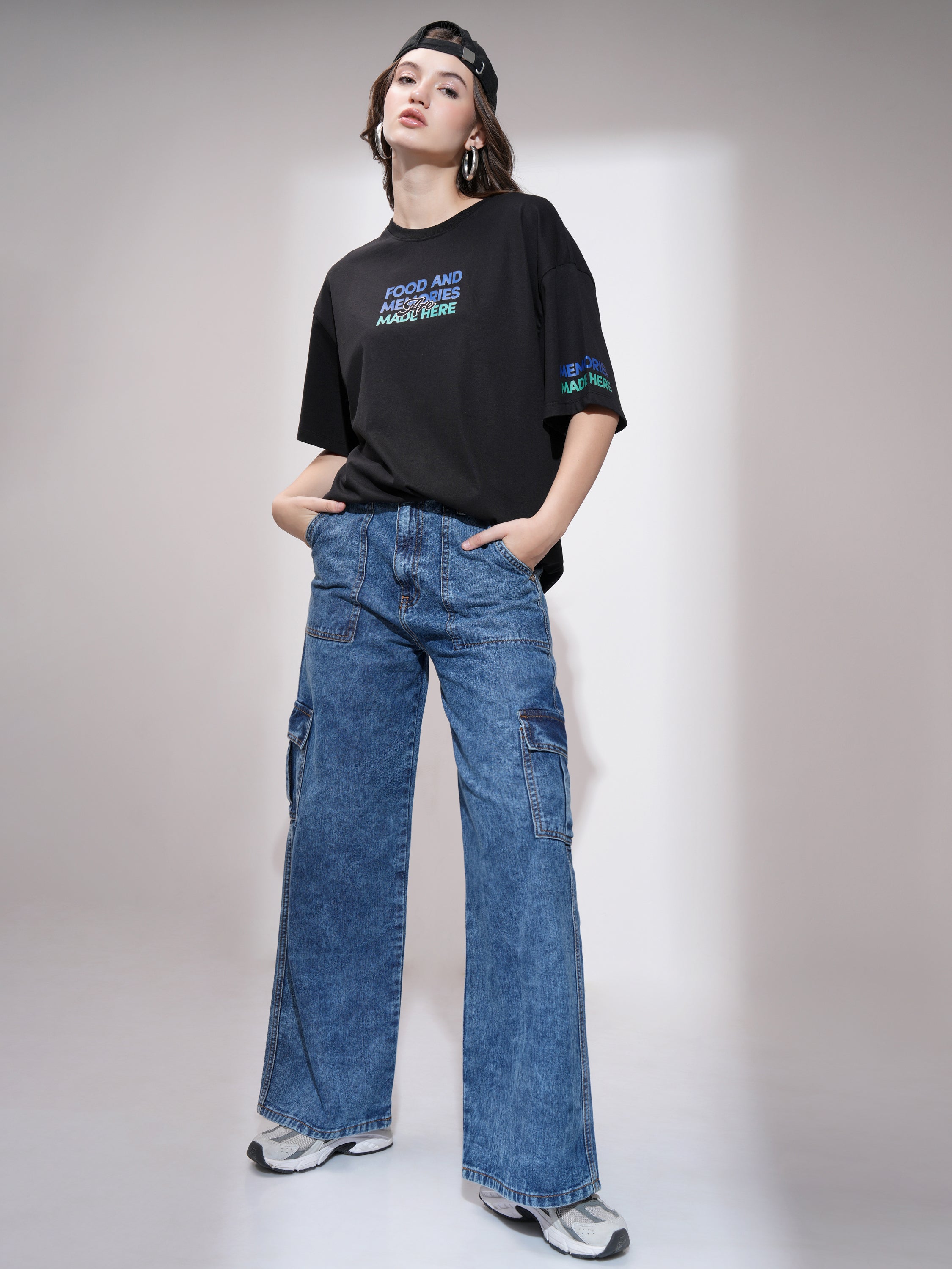Tokyo Talkies Women Black Printed Round Neck Oversized Fit T-Shirt - Black - Image 2