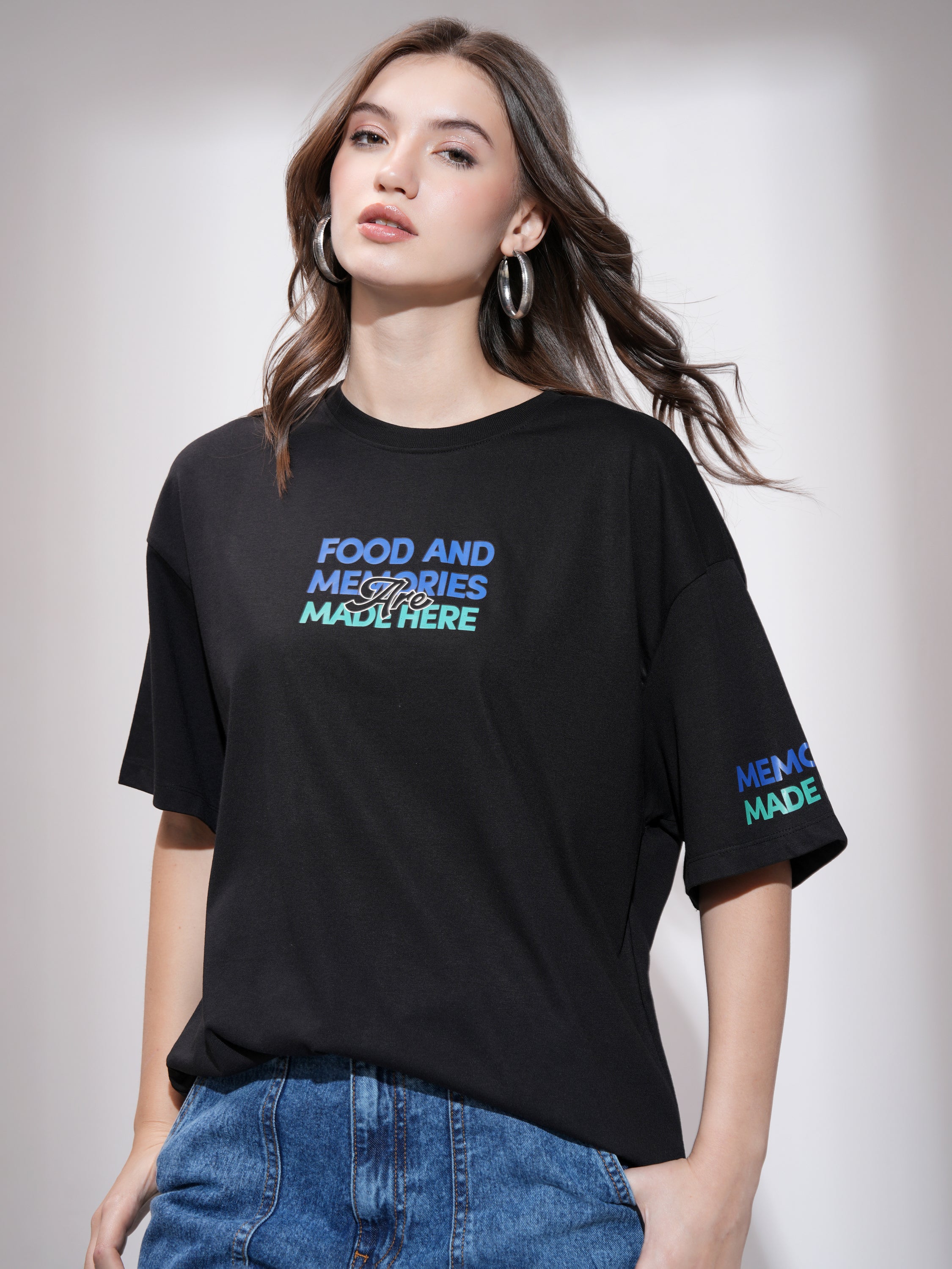 Tokyo Talkies Women Black Printed Round Neck Oversized Fit T-Shirt - Black - Image 3