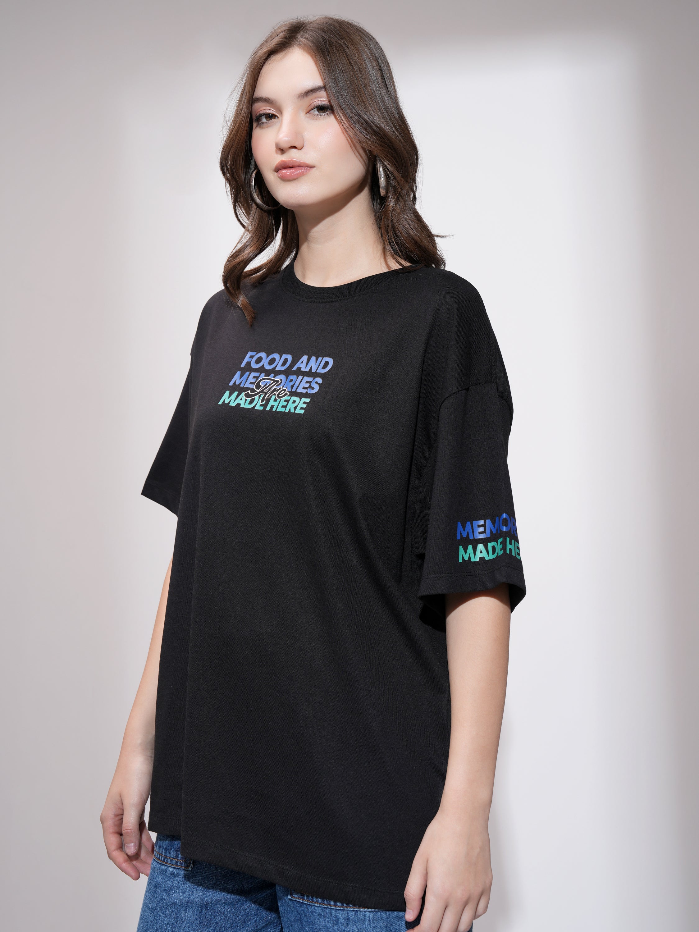 Tokyo Talkies Women Black Printed Round Neck Oversized Fit T-Shirt - Black - Image 4