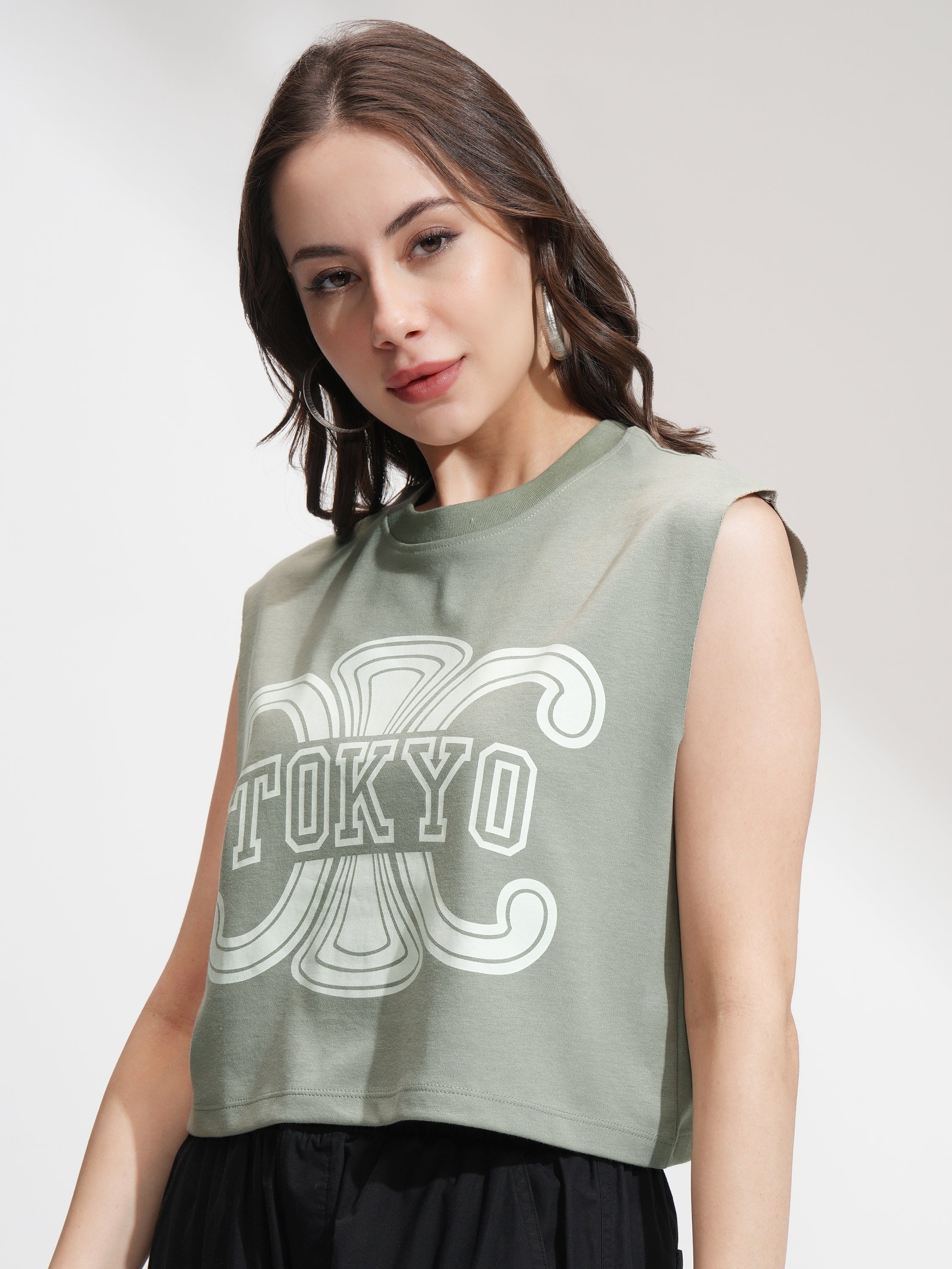 Tokyo Talkies Women Olive Printed Round Neck T-Shirt - Olive - Image 4