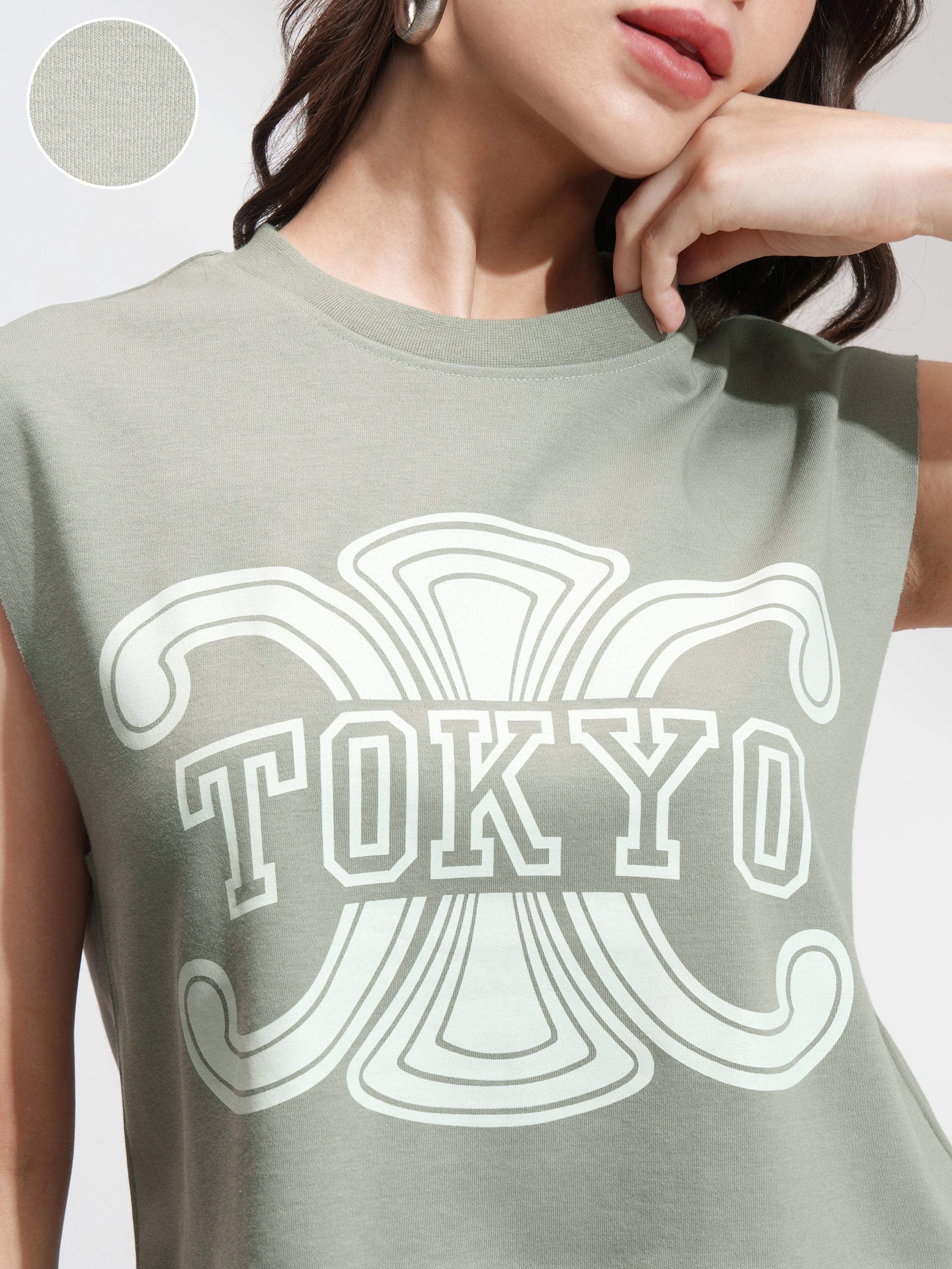 Tokyo Talkies Women Olive Printed Round Neck T-Shirt - Olive - Image 5