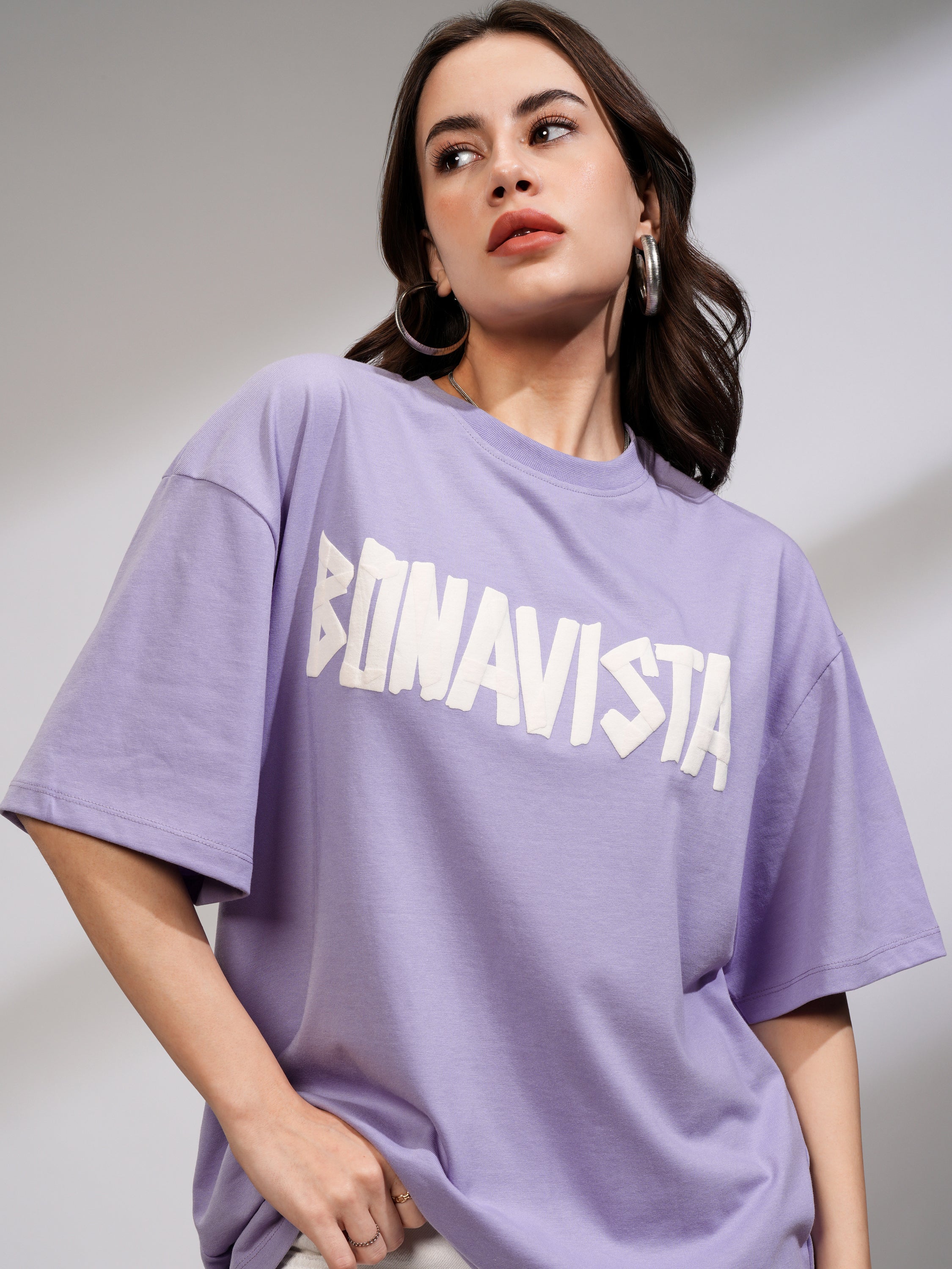 Tokyo Talkies Women Purple Printed Round Neck Oversized Fit T-Shirt - Purple - Image 1