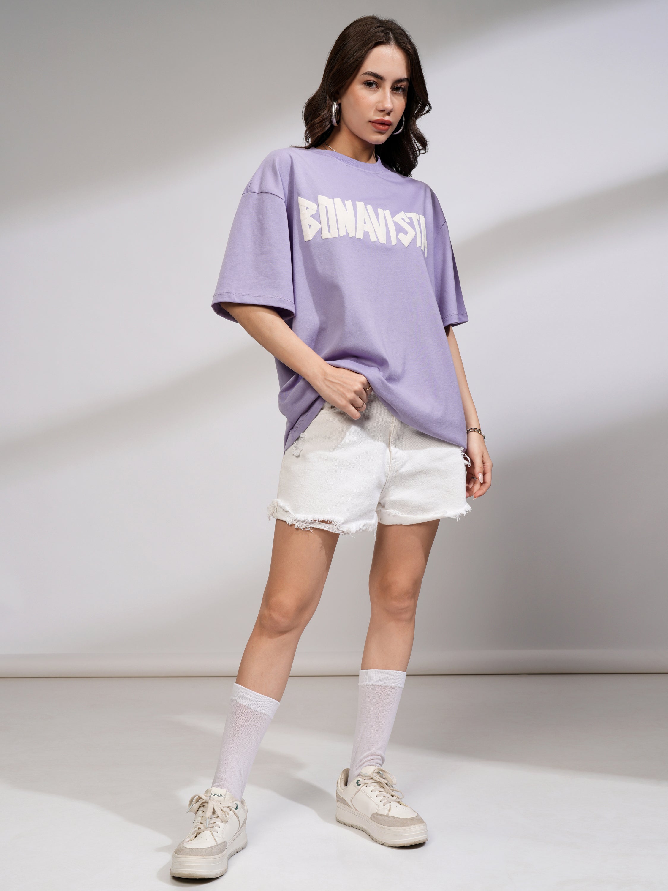 Tokyo Talkies Women Purple Printed Round Neck Oversized Fit T-Shirt - Purple - Image 2