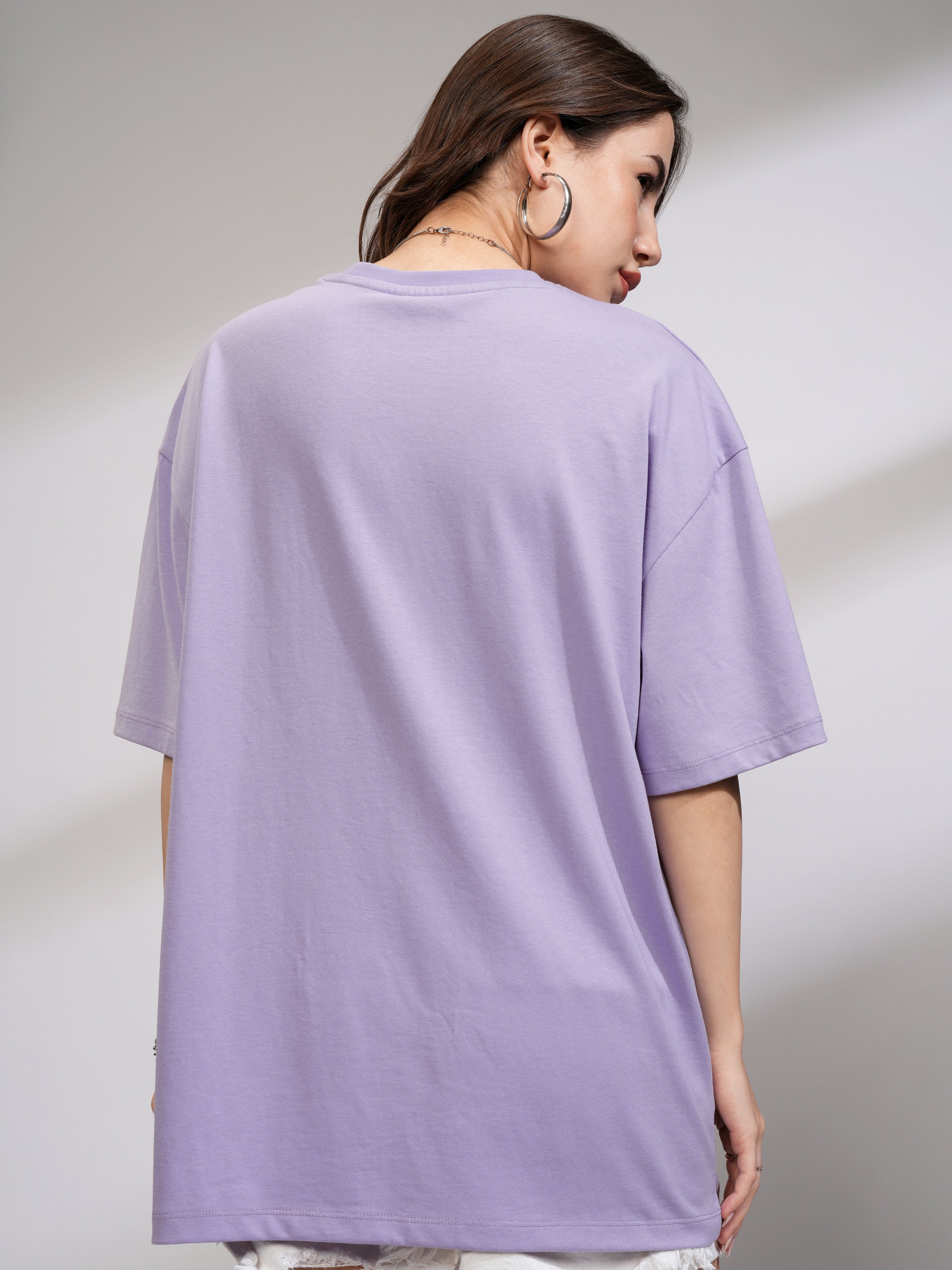 Tokyo Talkies Women Purple Printed Round Neck Oversized Fit T-Shirt - Purple - Image 3