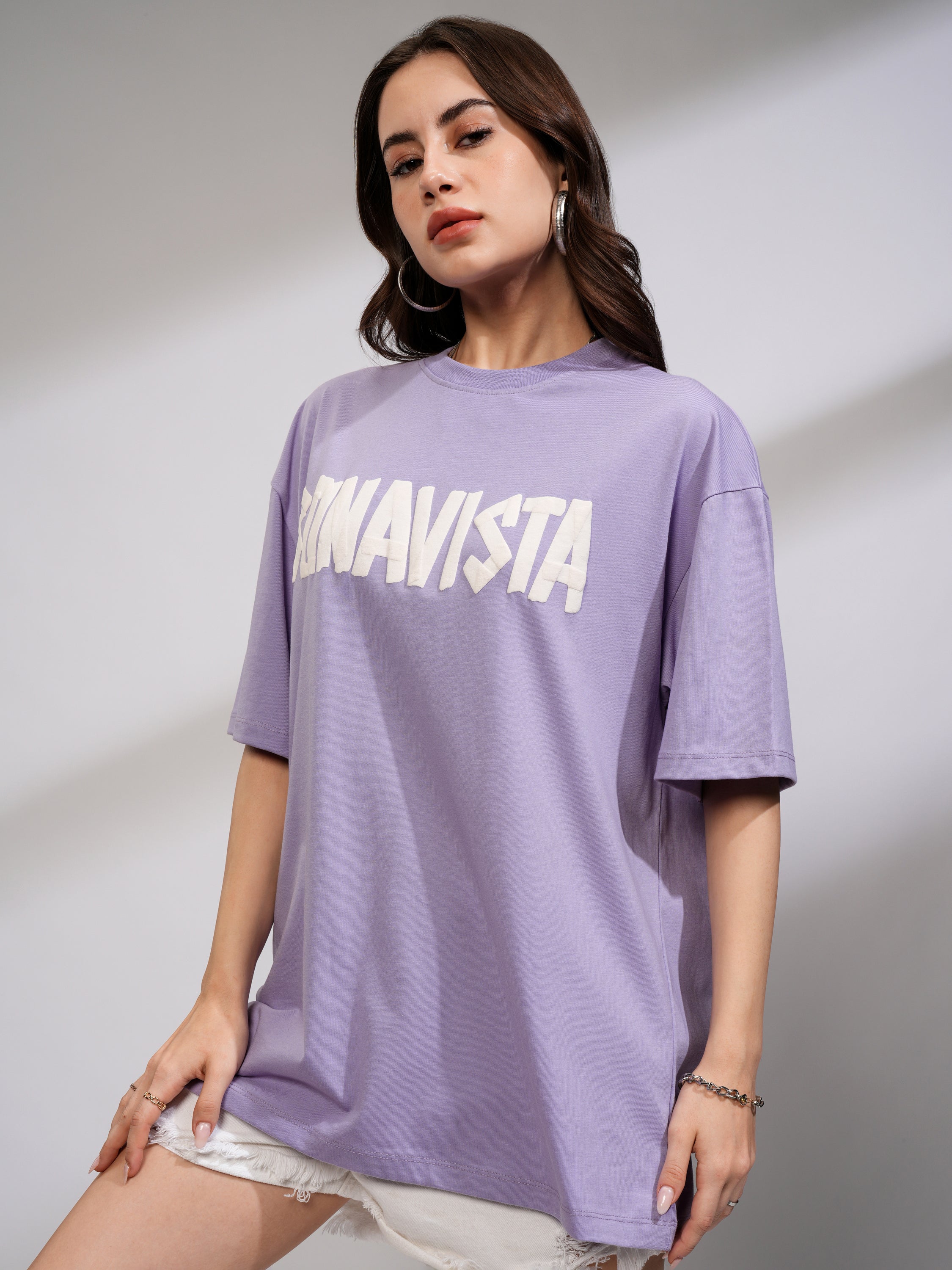 Tokyo Talkies Women Purple Printed Round Neck Oversized Fit T-Shirt - Purple - Image 4