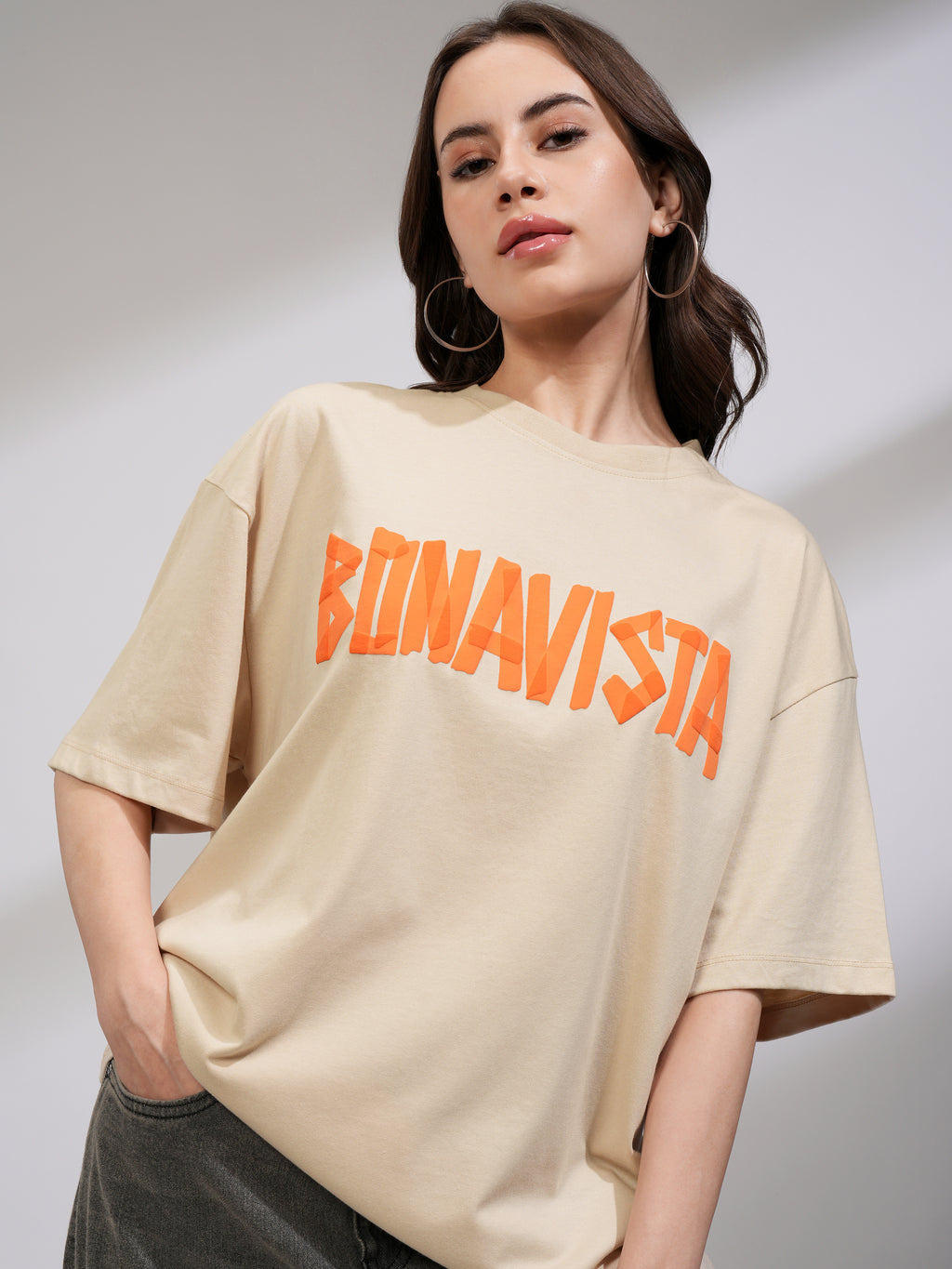 Tokyo Talkies Women Beige Printed Round Neck Oversized Fit T-Shirt - Beige - Image 1
