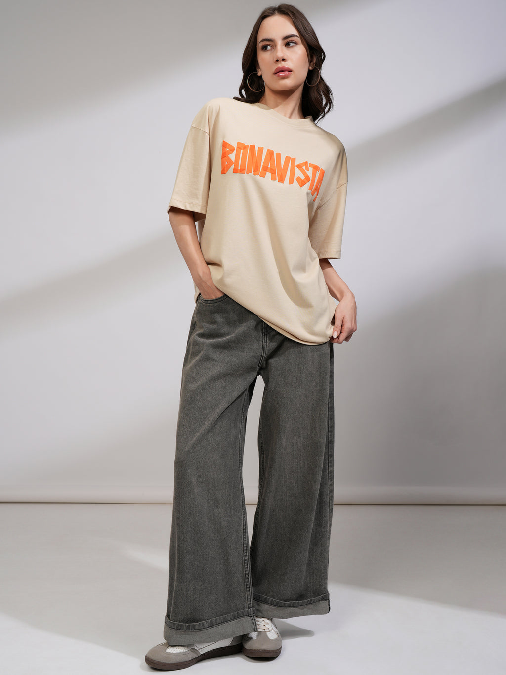 Tokyo Talkies Women Beige Printed Round Neck Oversized Fit T-Shirt - Beige - Image 2