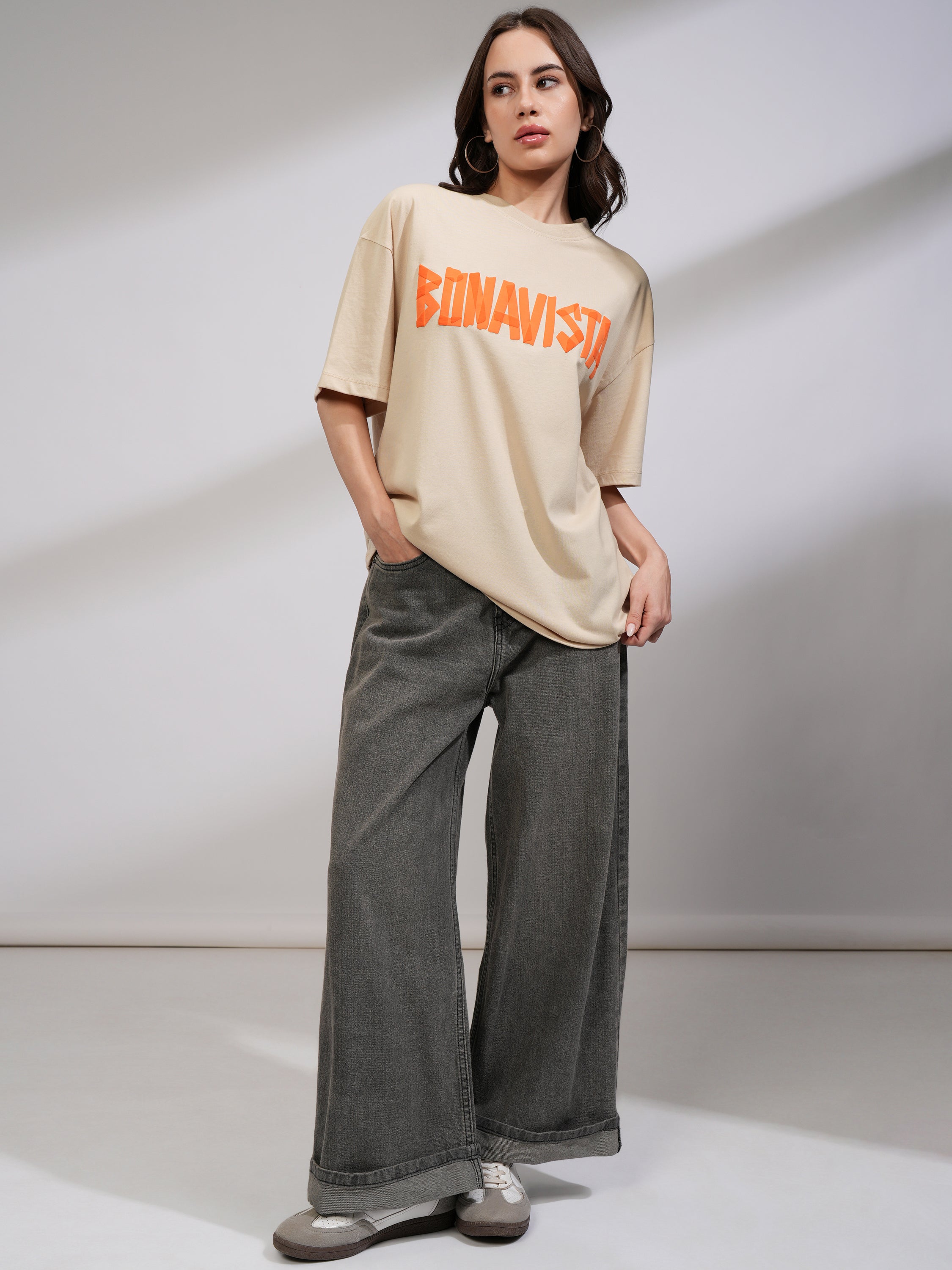 Tokyo Talkies Women Beige Printed Round Neck Oversized Fit T-Shirt - Beige - Image 2