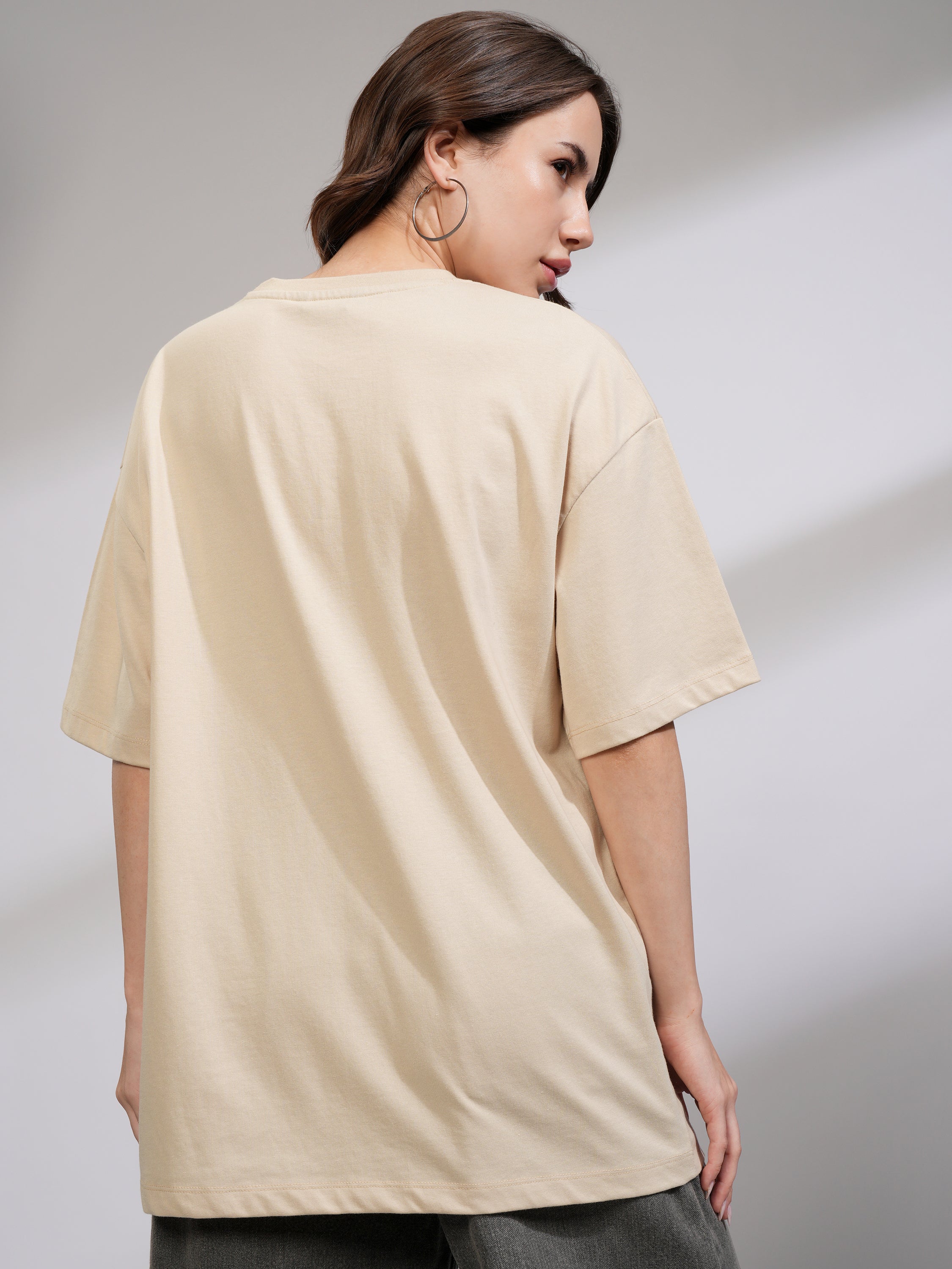 Tokyo Talkies Women Beige Printed Round Neck Oversized Fit T-Shirt - Beige - Image 3