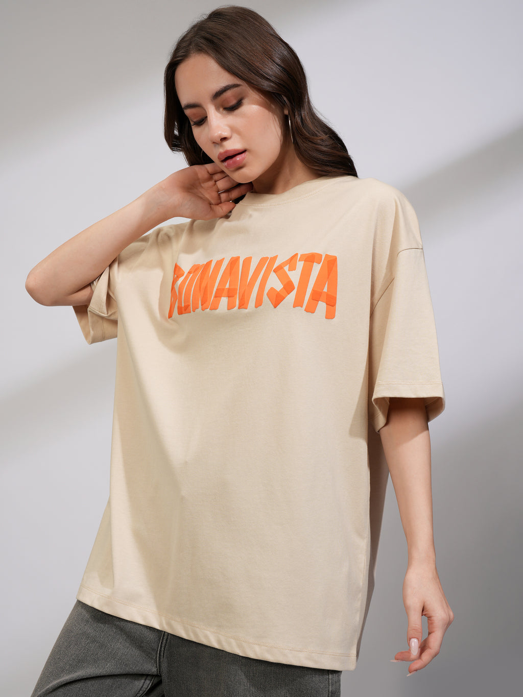 Tokyo Talkies Women Beige Printed Round Neck Oversized Fit T-Shirt - Beige - Image 4