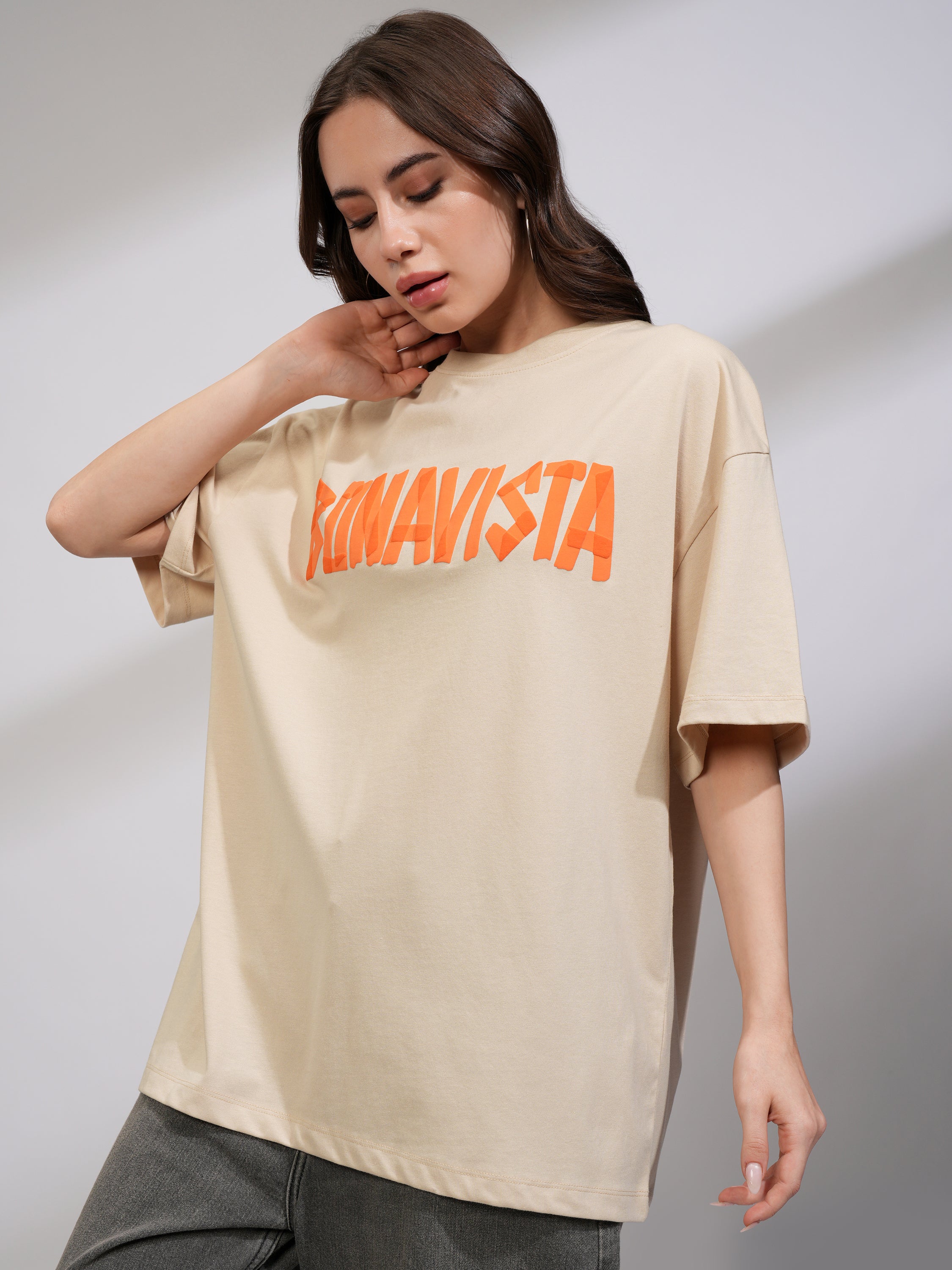 Tokyo Talkies Women Beige Printed Round Neck Oversized Fit T-Shirt - Beige - Image 4