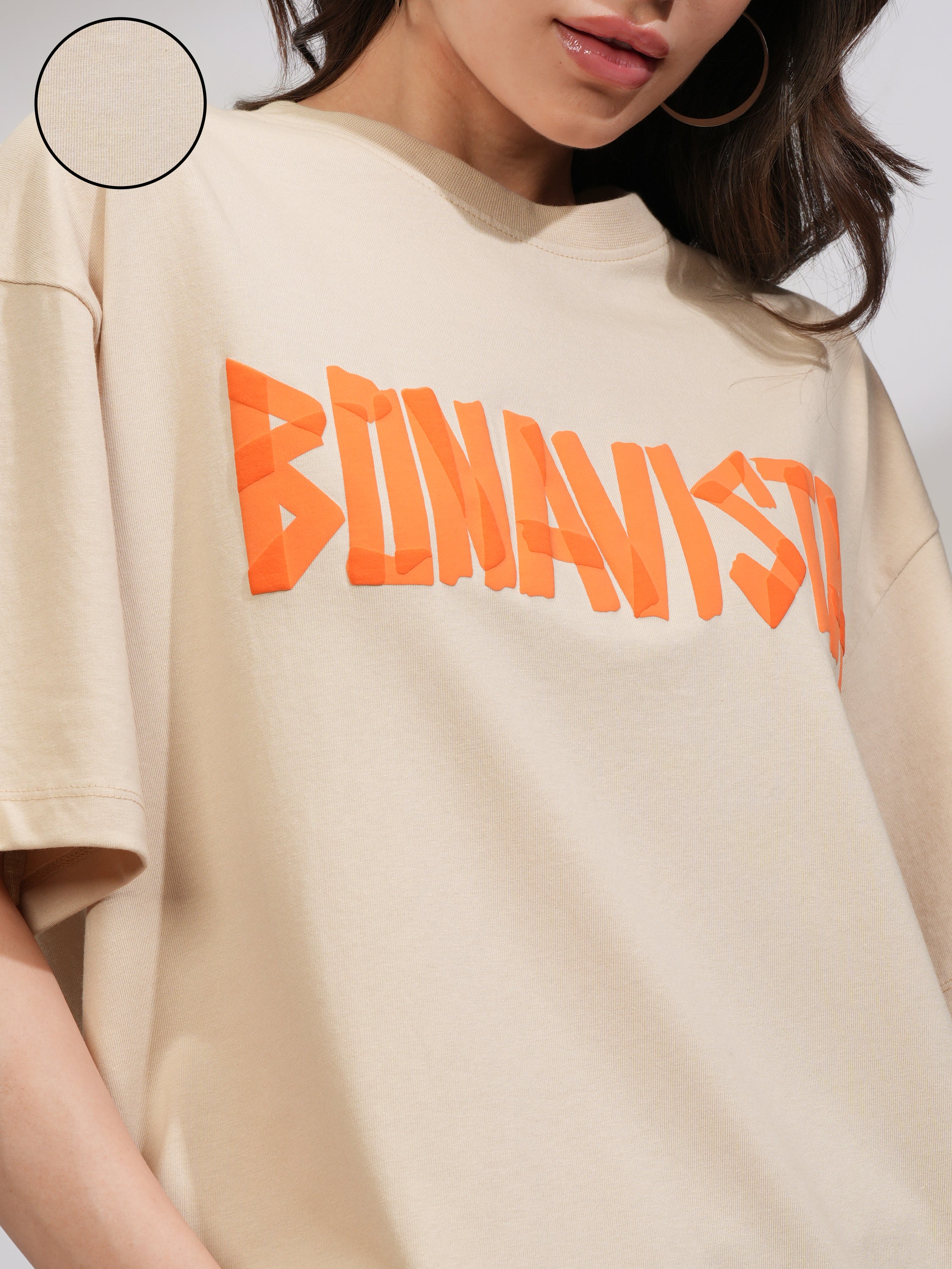 Tokyo Talkies Women Beige Printed Round Neck Oversized Fit T-Shirt - Beige - Image 5