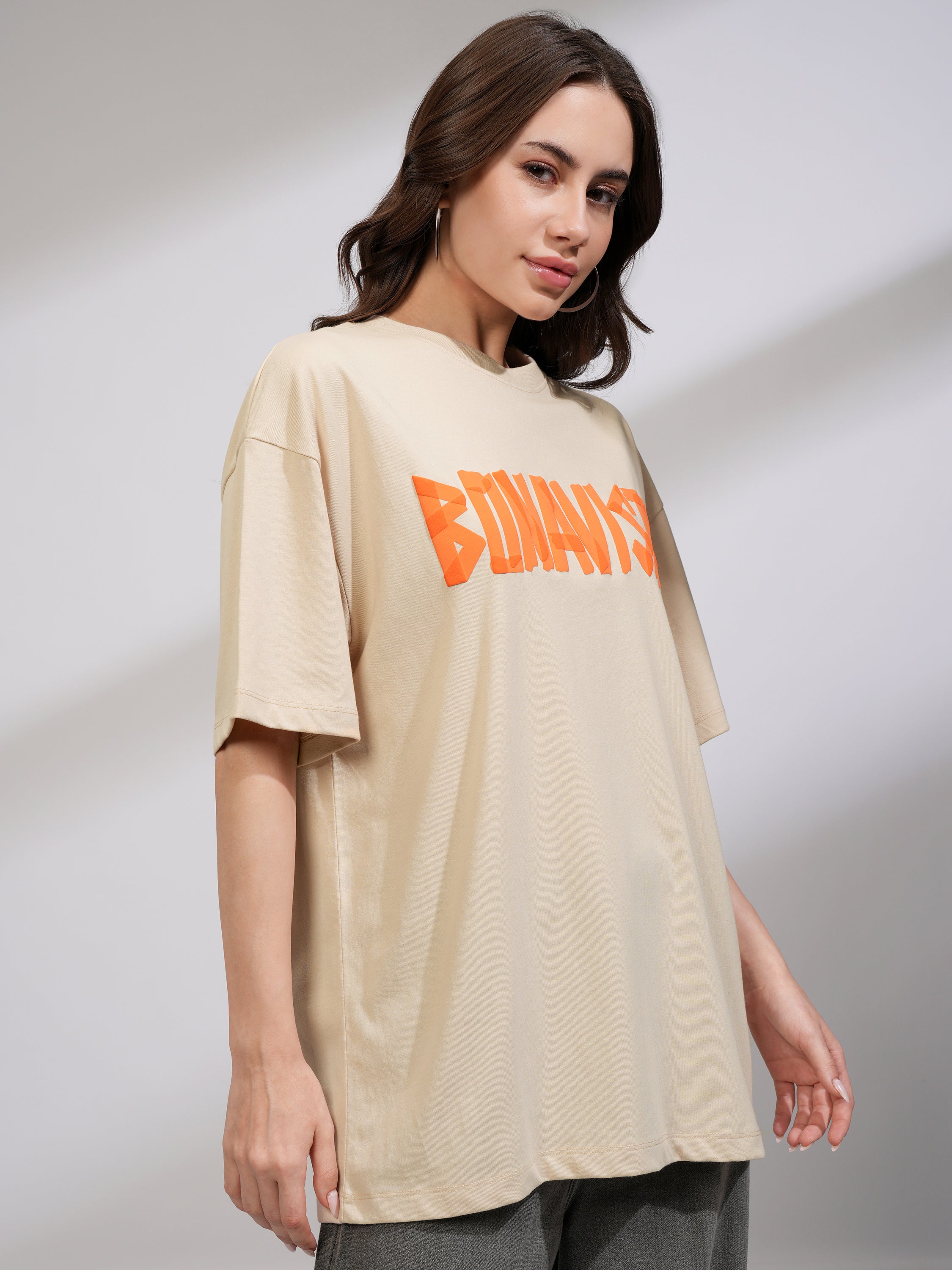Tokyo Talkies Women Beige Printed Round Neck Oversized Fit T-Shirt - Beige - Image 6