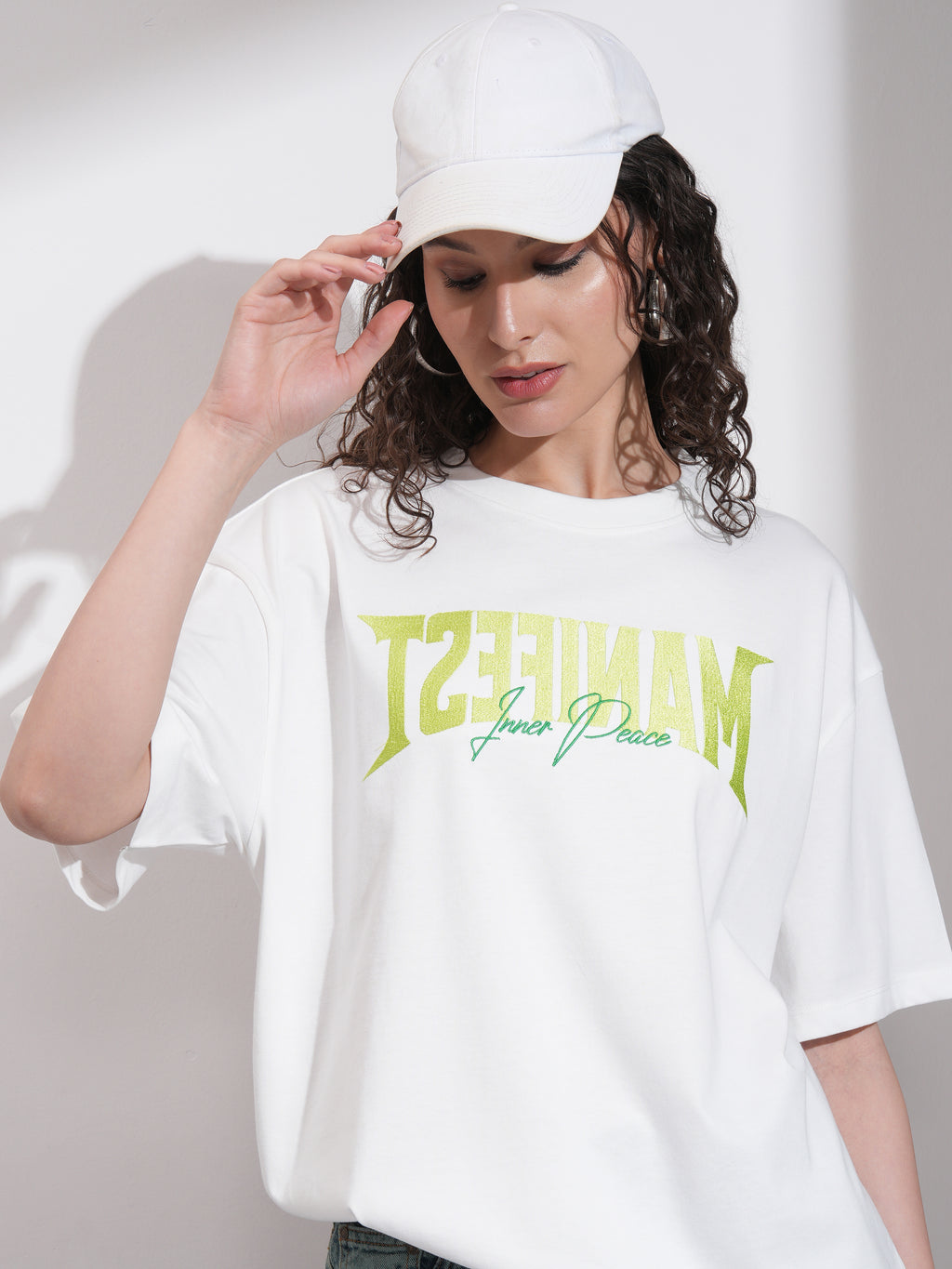 Tokyo Talkies Women White Embroidered Round Neck Oversized Fit T-Shirt - White - Image 1