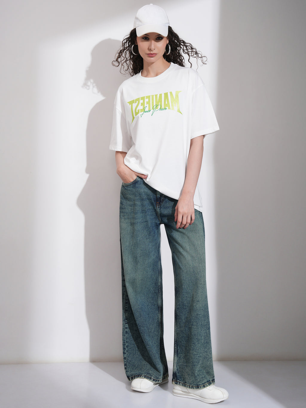 Tokyo Talkies Women White Embroidered Round Neck Oversized Fit T-Shirt - White - Image 2