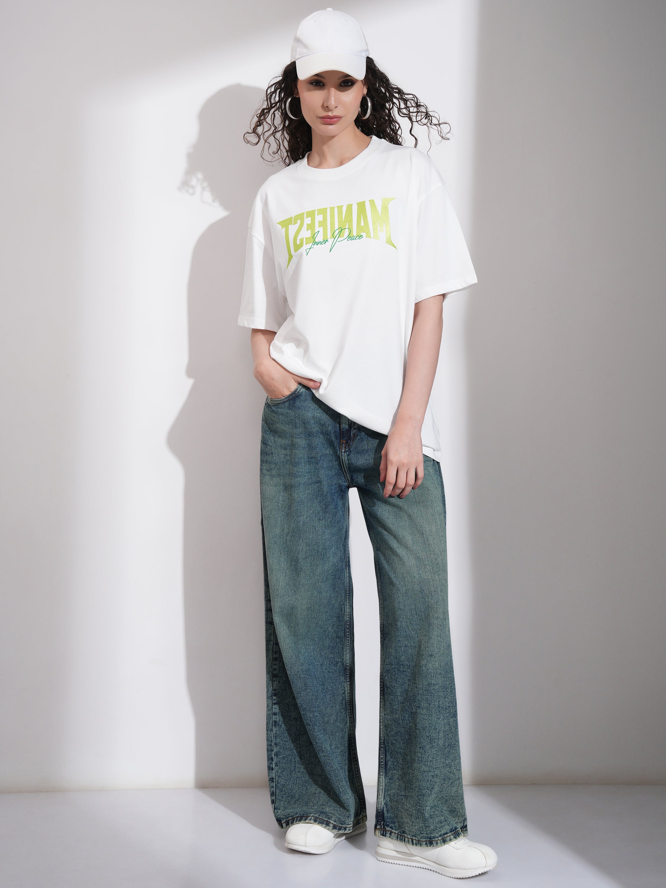 Tokyo Talkies Women White Embroidered Round Neck Oversized Fit T-Shirt - White - Image 2