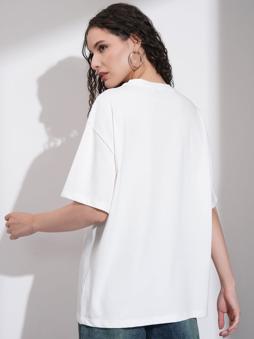 Tokyo Talkies Women White Embroidered Round Neck Oversized Fit T-Shirt - White - Image 3