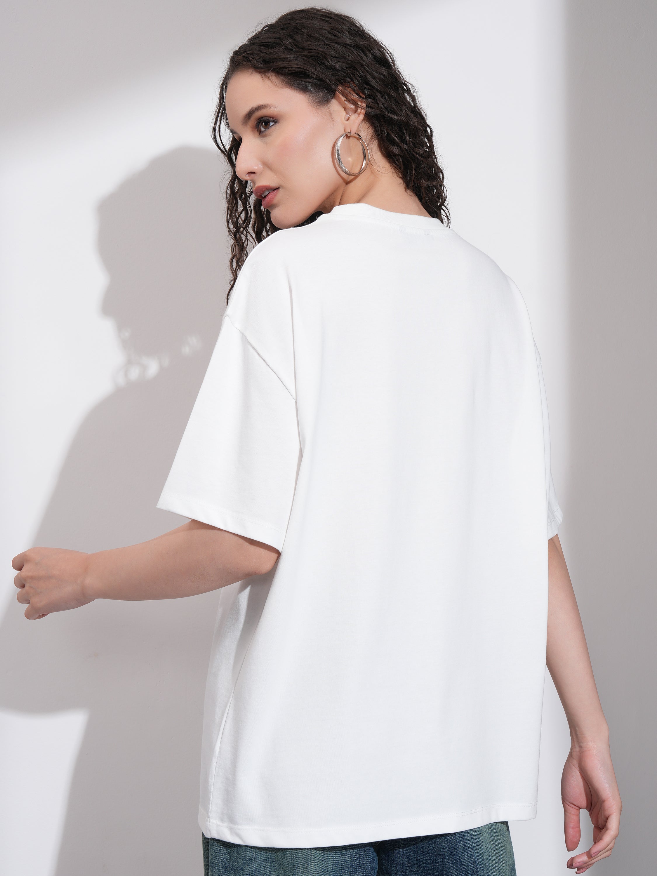 Tokyo Talkies Women White Embroidered Round Neck Oversized Fit T-Shirt - White - Image 3