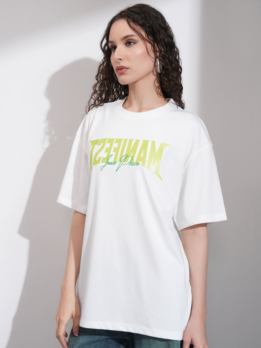 Tokyo Talkies Women White Embroidered Round Neck Oversized Fit T-Shirt - White - Image 4