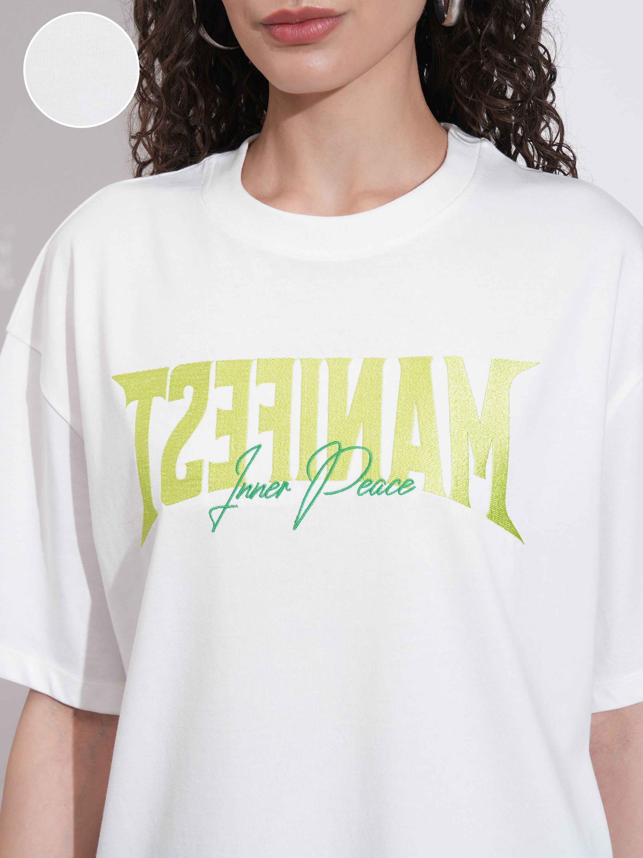 Tokyo Talkies Women White Embroidered Round Neck Oversized Fit T-Shirt - White - Image 5