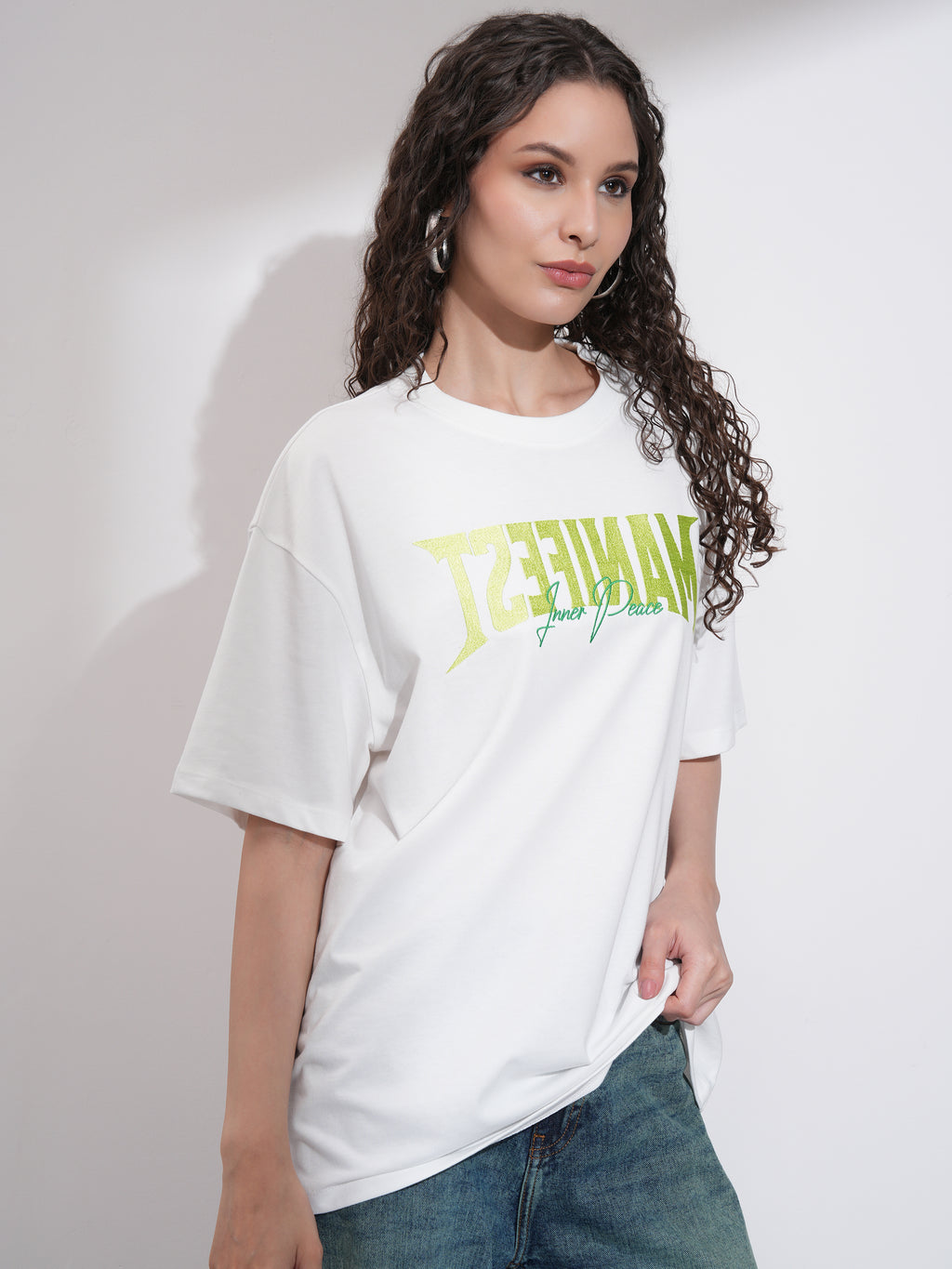 Tokyo Talkies Women White Embroidered Round Neck Oversized Fit T-Shirt - White - Image 6