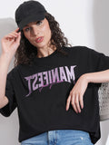 Tokyo Talkies Women Black Embroidered Round Neck Oversized Fit T-Shirt - Black - Image 1