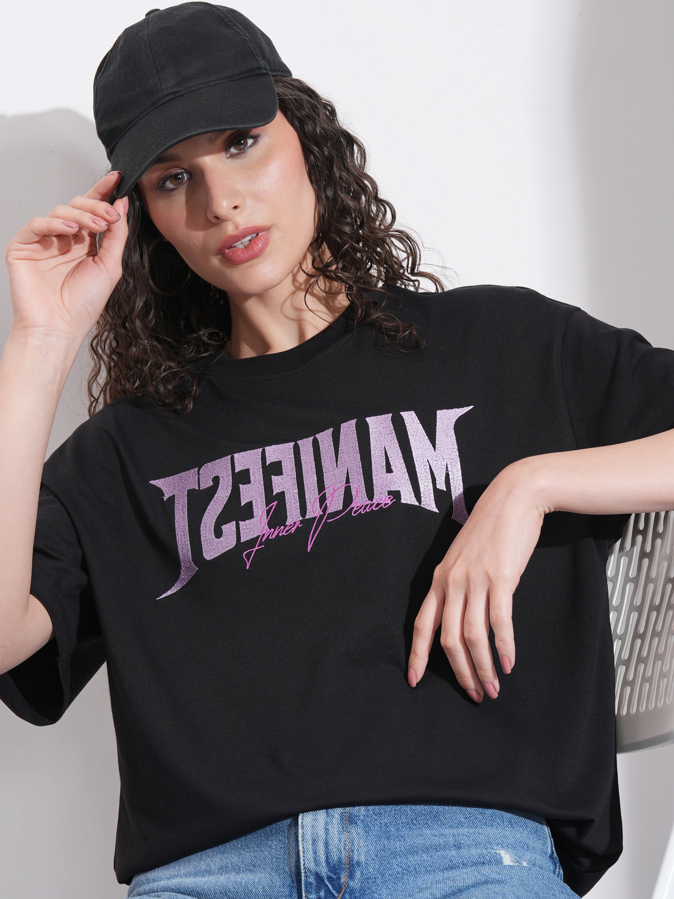 Tokyo Talkies Women Black Embroidered Round Neck Oversized Fit T-Shirt - Black - Image 1