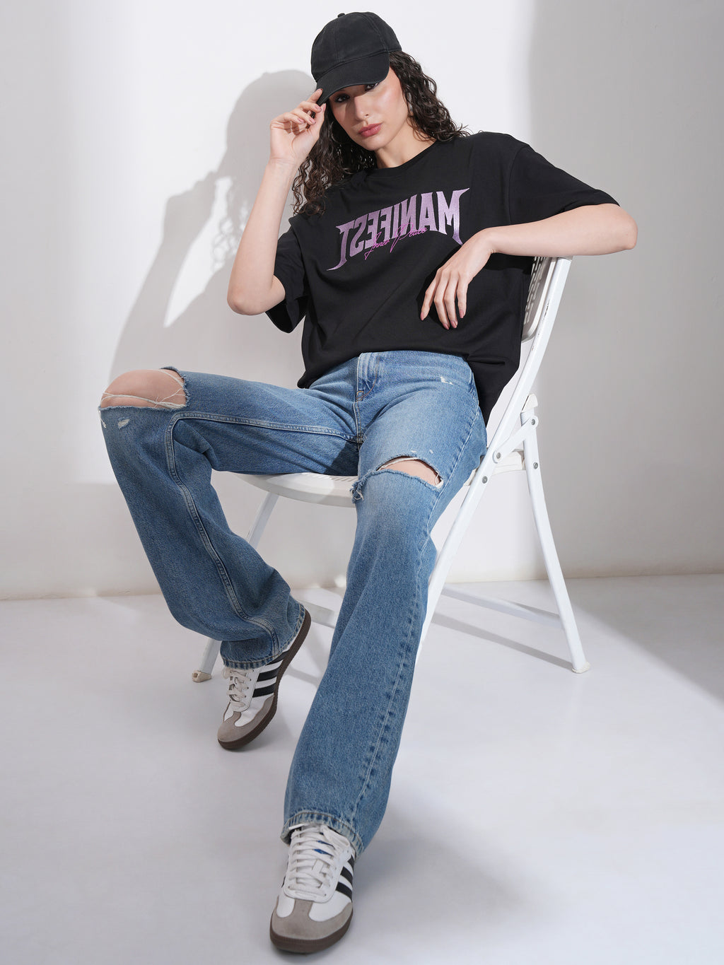 Tokyo Talkies Women Black Embroidered Round Neck Oversized Fit T-Shirt - Black - Image 2