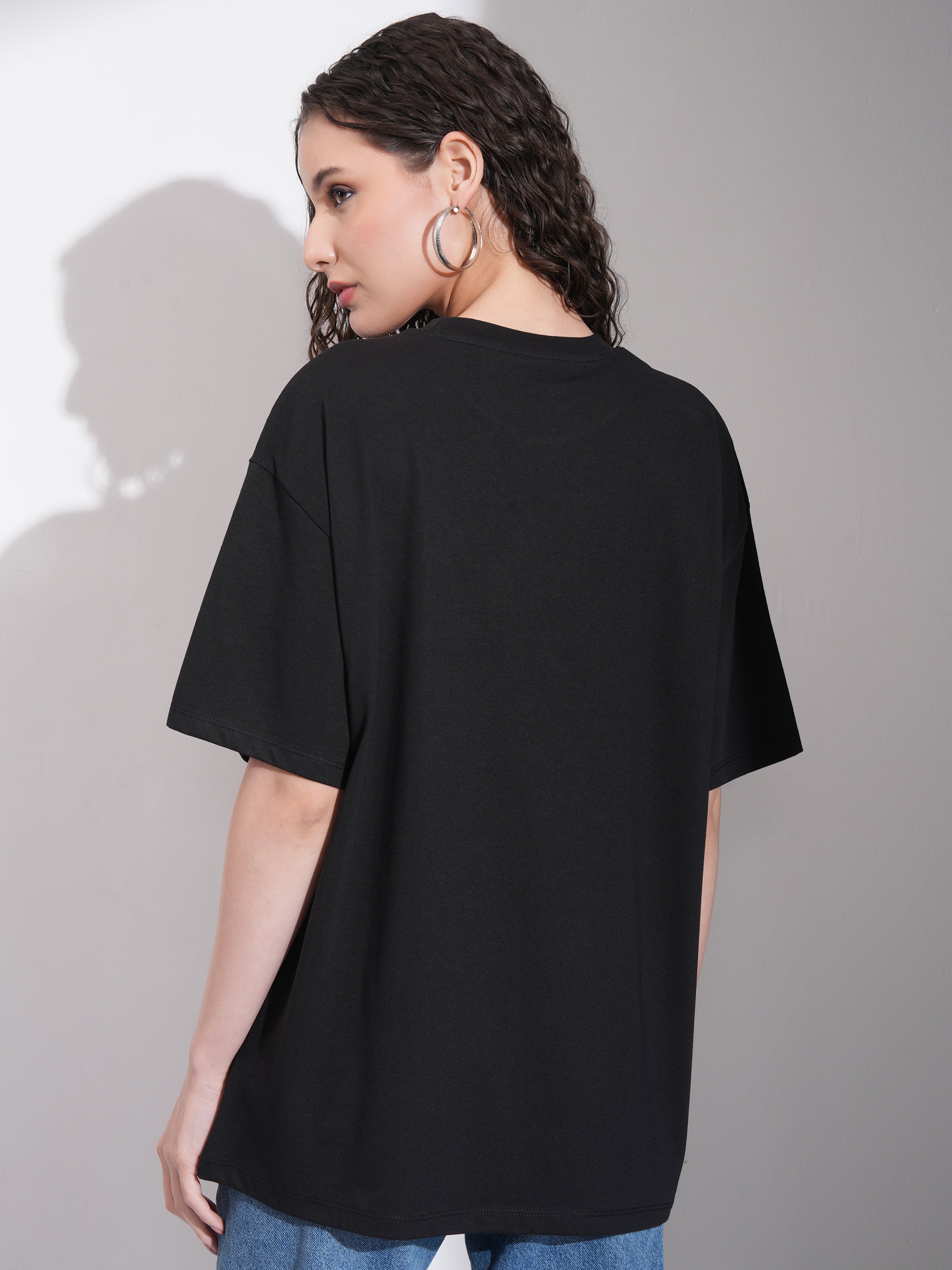 Tokyo Talkies Women Black Embroidered Round Neck Oversized Fit T-Shirt - Black - Image 3