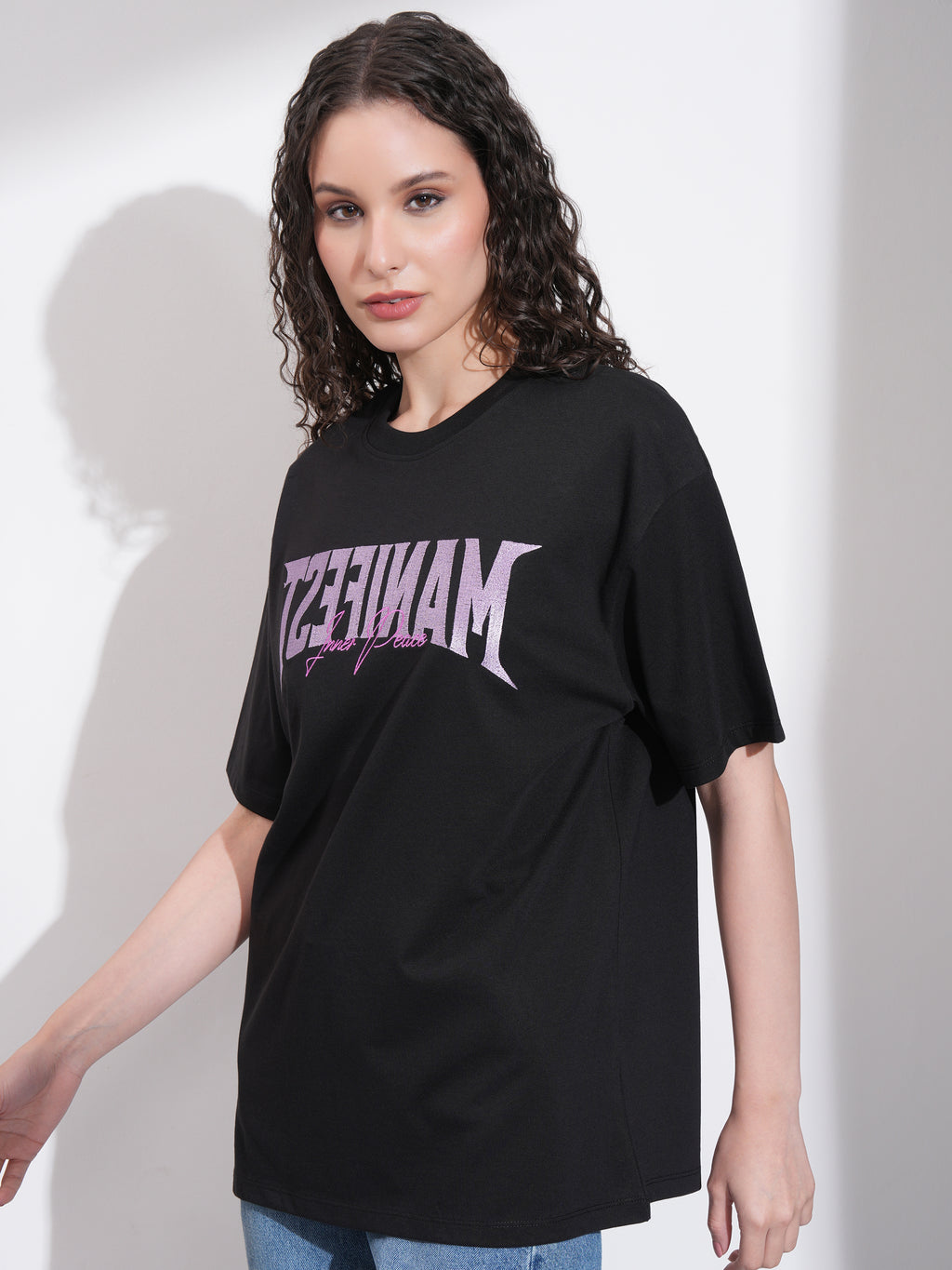 Tokyo Talkies Women Black Embroidered Round Neck Oversized Fit T-Shirt - Black - Image 4