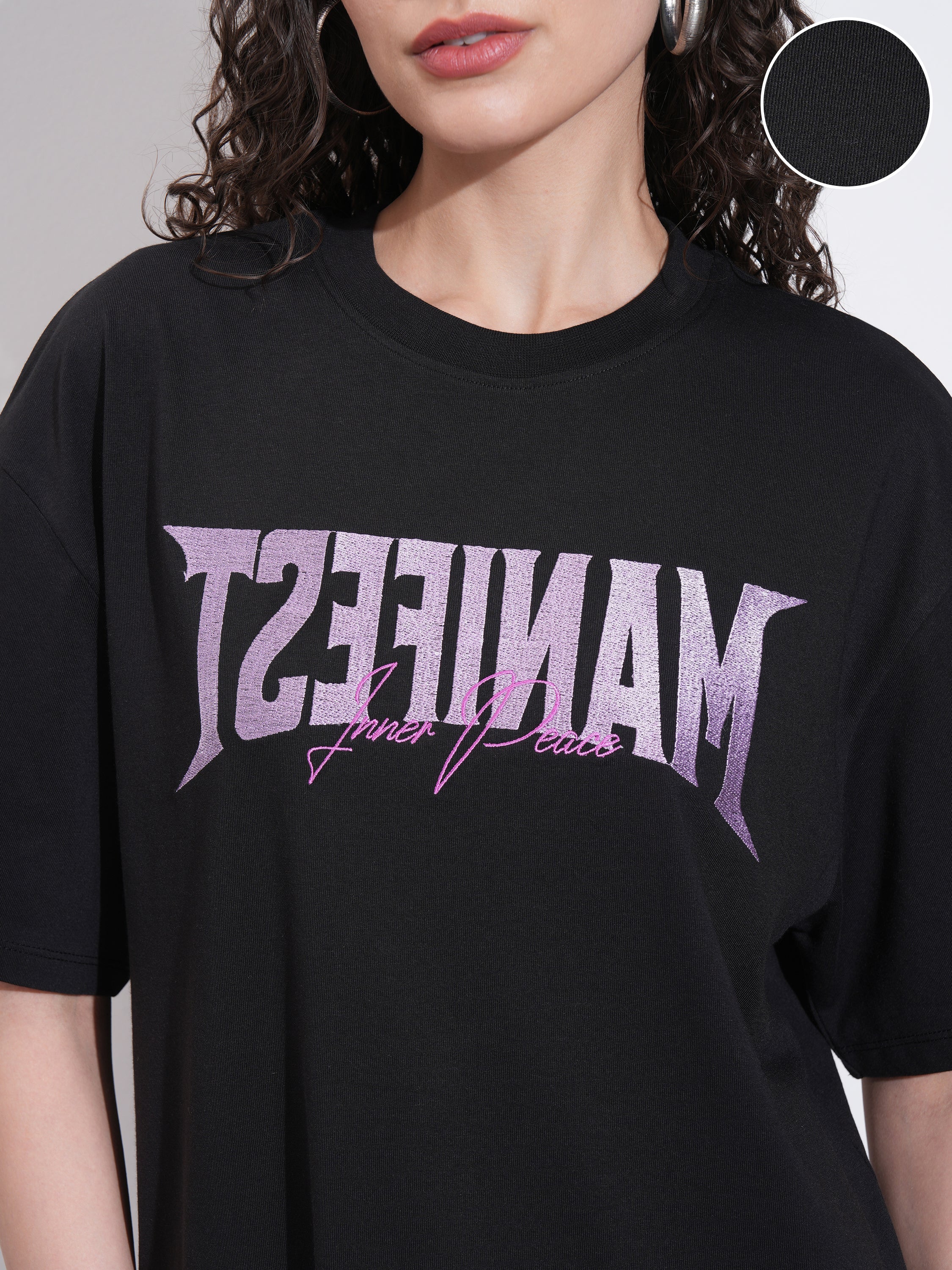 Tokyo Talkies Women Black Embroidered Round Neck Oversized Fit T-Shirt - Black - Image 5