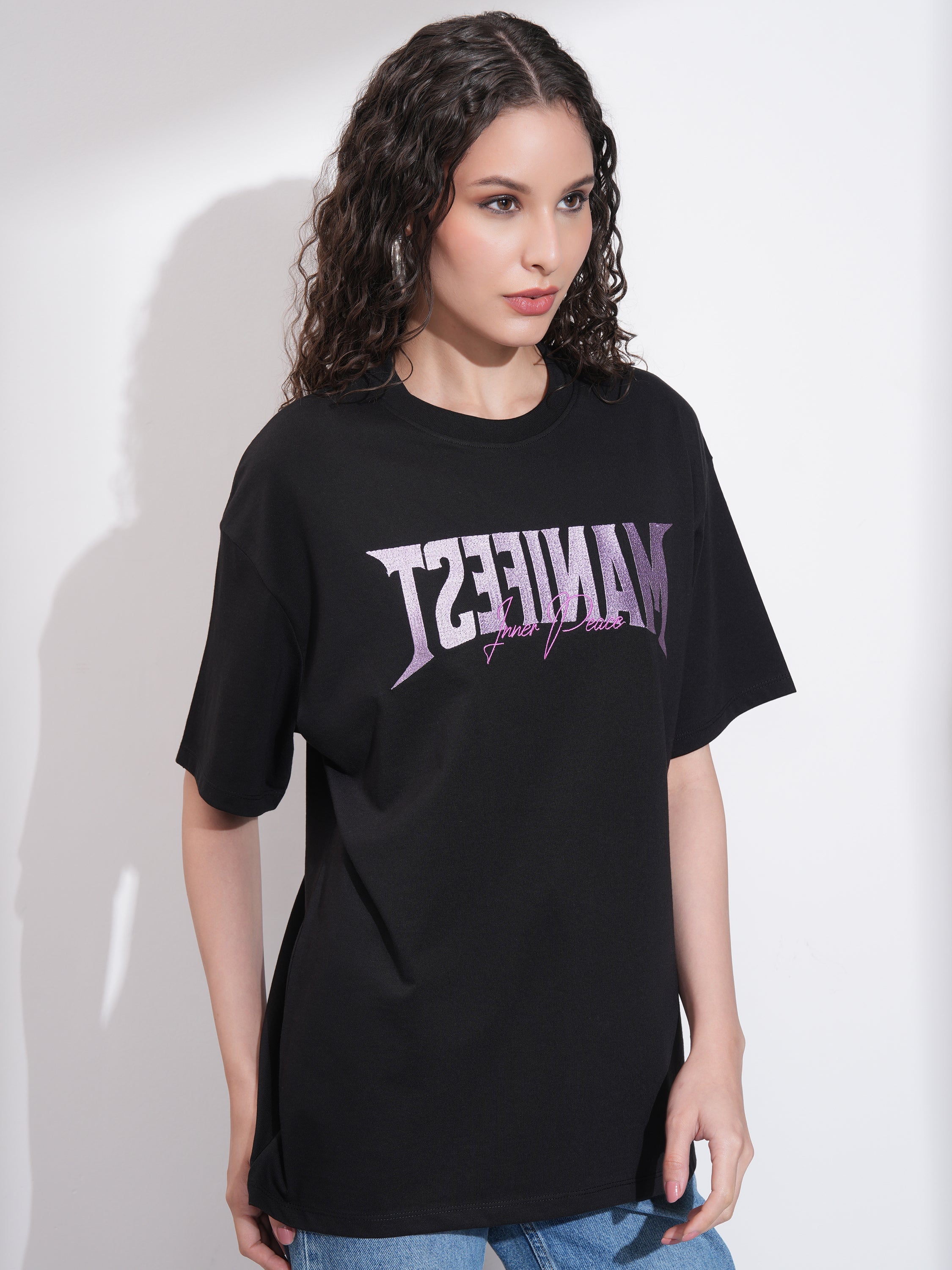 Tokyo Talkies Women Black Embroidered Round Neck Oversized Fit T-Shirt - Black - Image 6