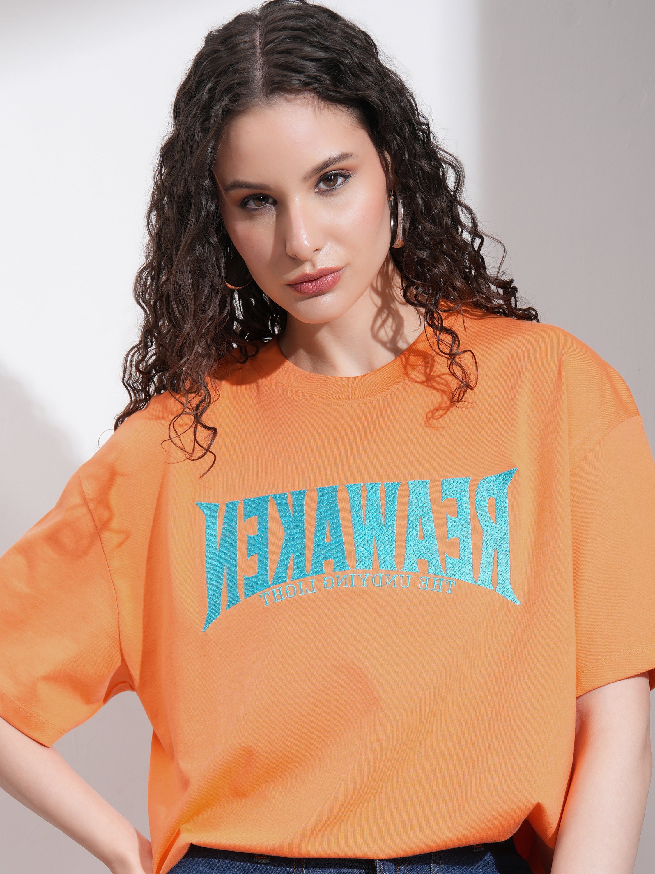 Tokyo Talkies Women Orange Embroidered Round Neck Oversized Fit T-Shirt - Orange - Image 1