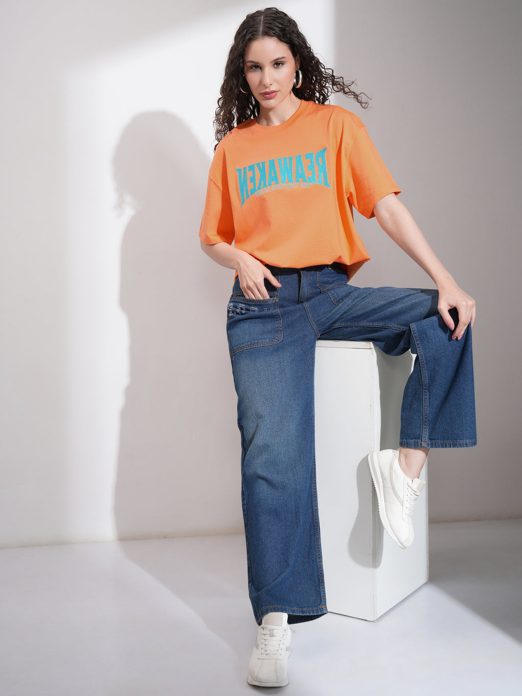 Tokyo Talkies Women Orange Embroidered Round Neck Oversized Fit T-Shirt - Orange - Image 2