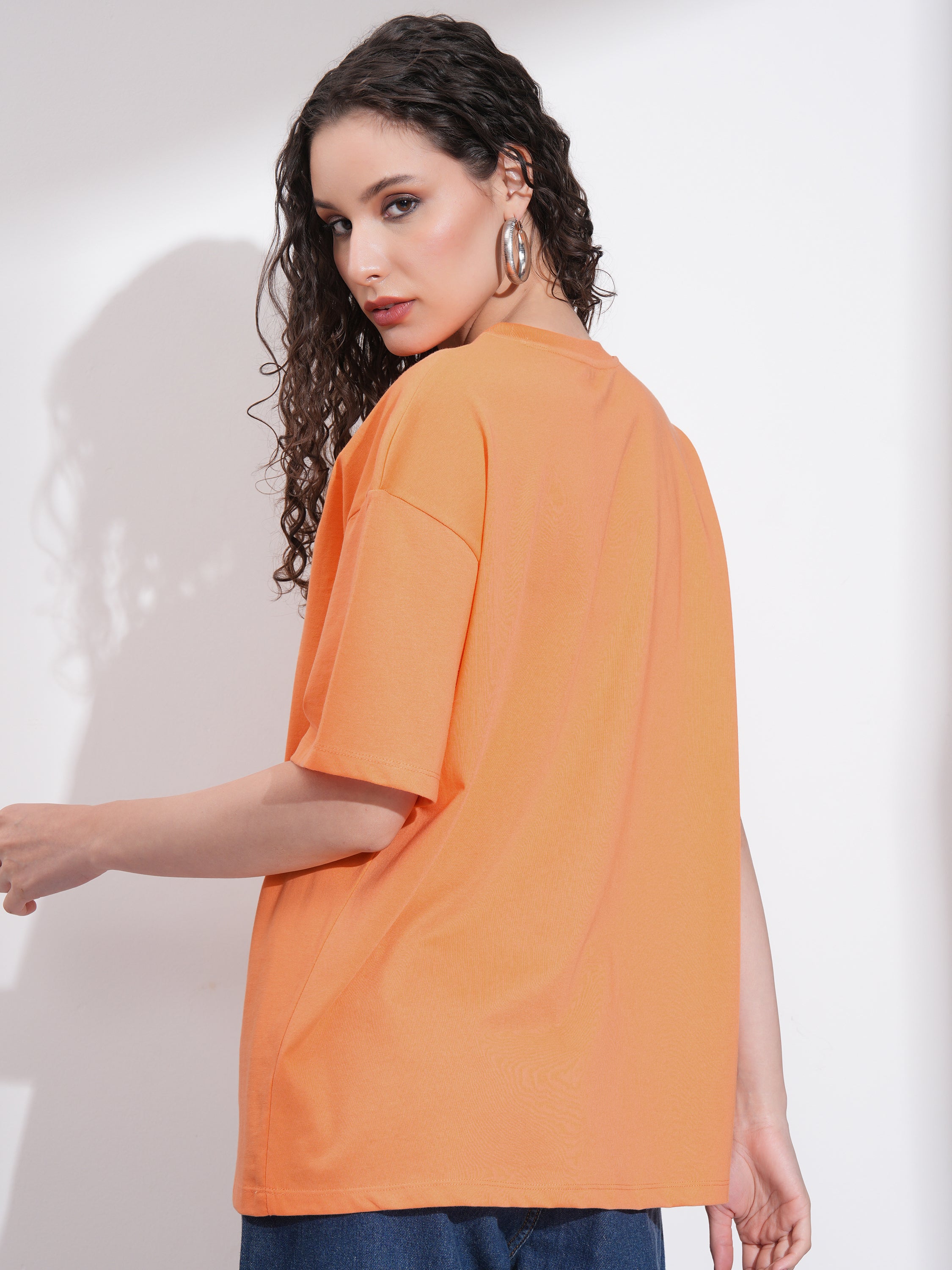 Tokyo Talkies Women Orange Embroidered Round Neck Oversized Fit T-Shirt - Orange - Image 3