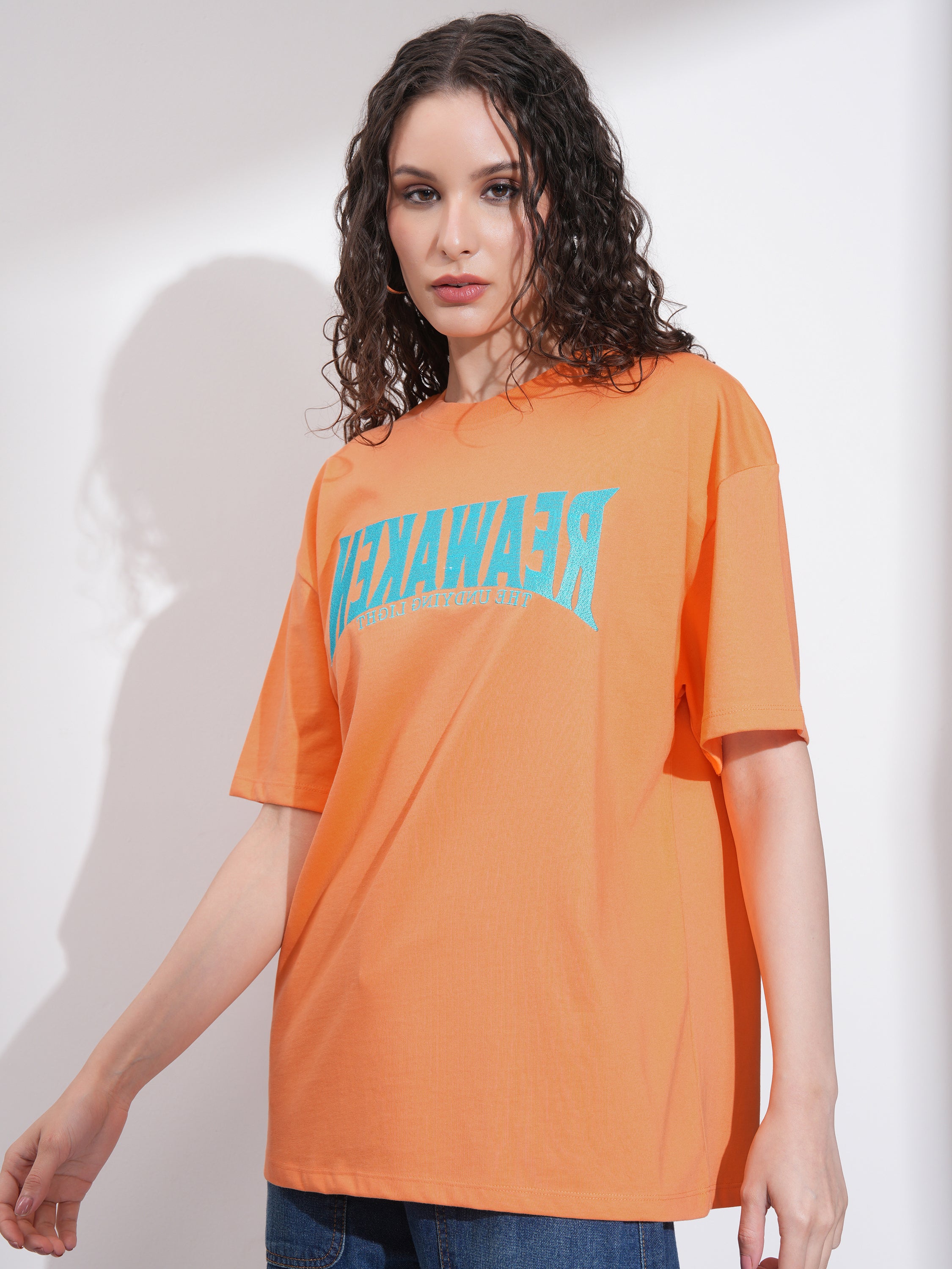 Tokyo Talkies Women Orange Embroidered Round Neck Oversized Fit T-Shirt - Orange - Image 4