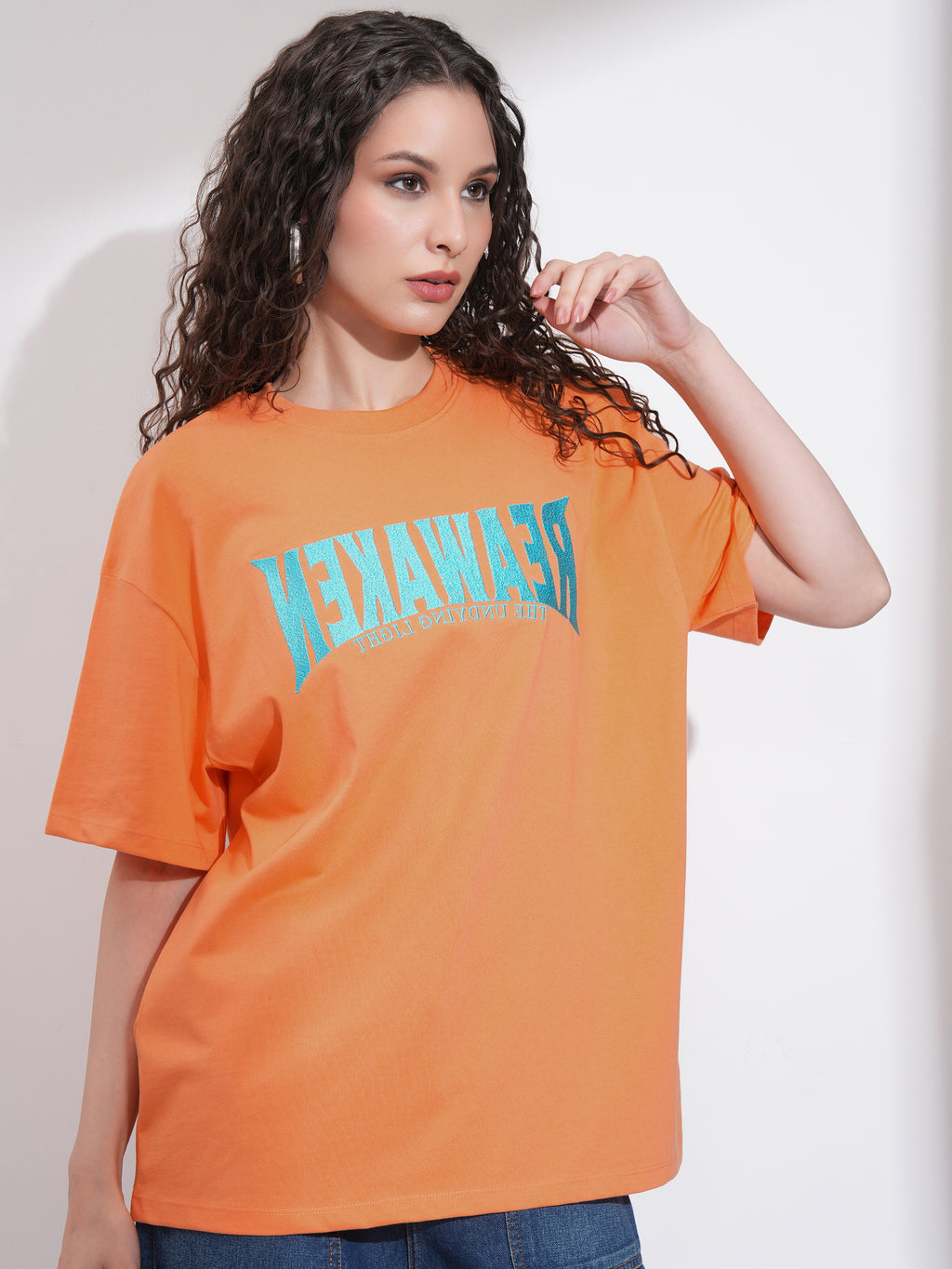 Tokyo Talkies Women Orange Embroidered Round Neck Oversized Fit T-Shirt - Orange - Image 6