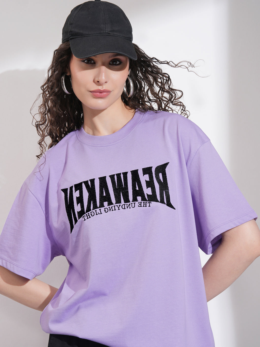 Tokyo Talkies Women Purple Embroidered Round Neck Oversized Fit T-Shirt - Purple - Image 1