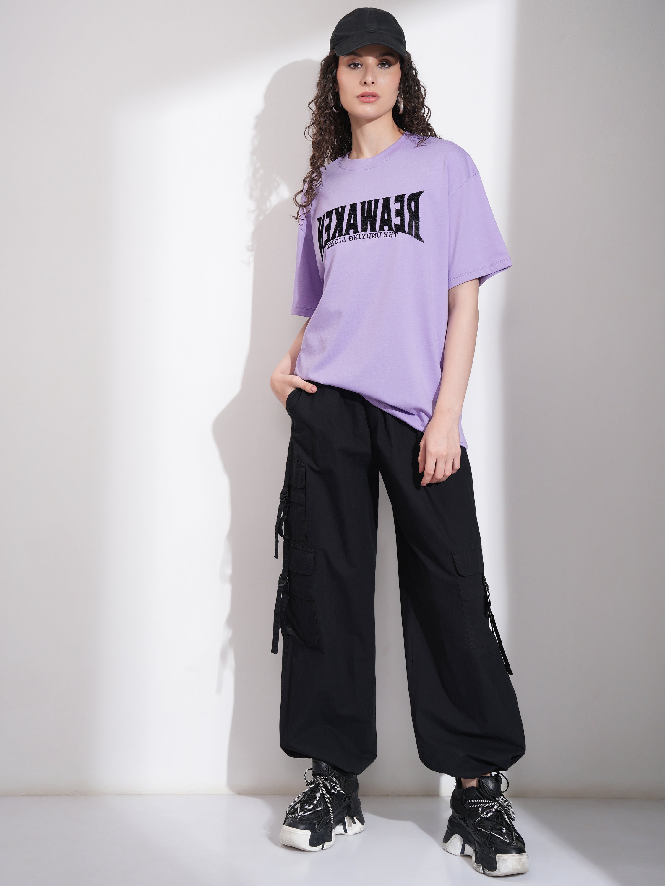 Tokyo Talkies Women Purple Embroidered Round Neck Oversized Fit T-Shirt - Purple - Image 2