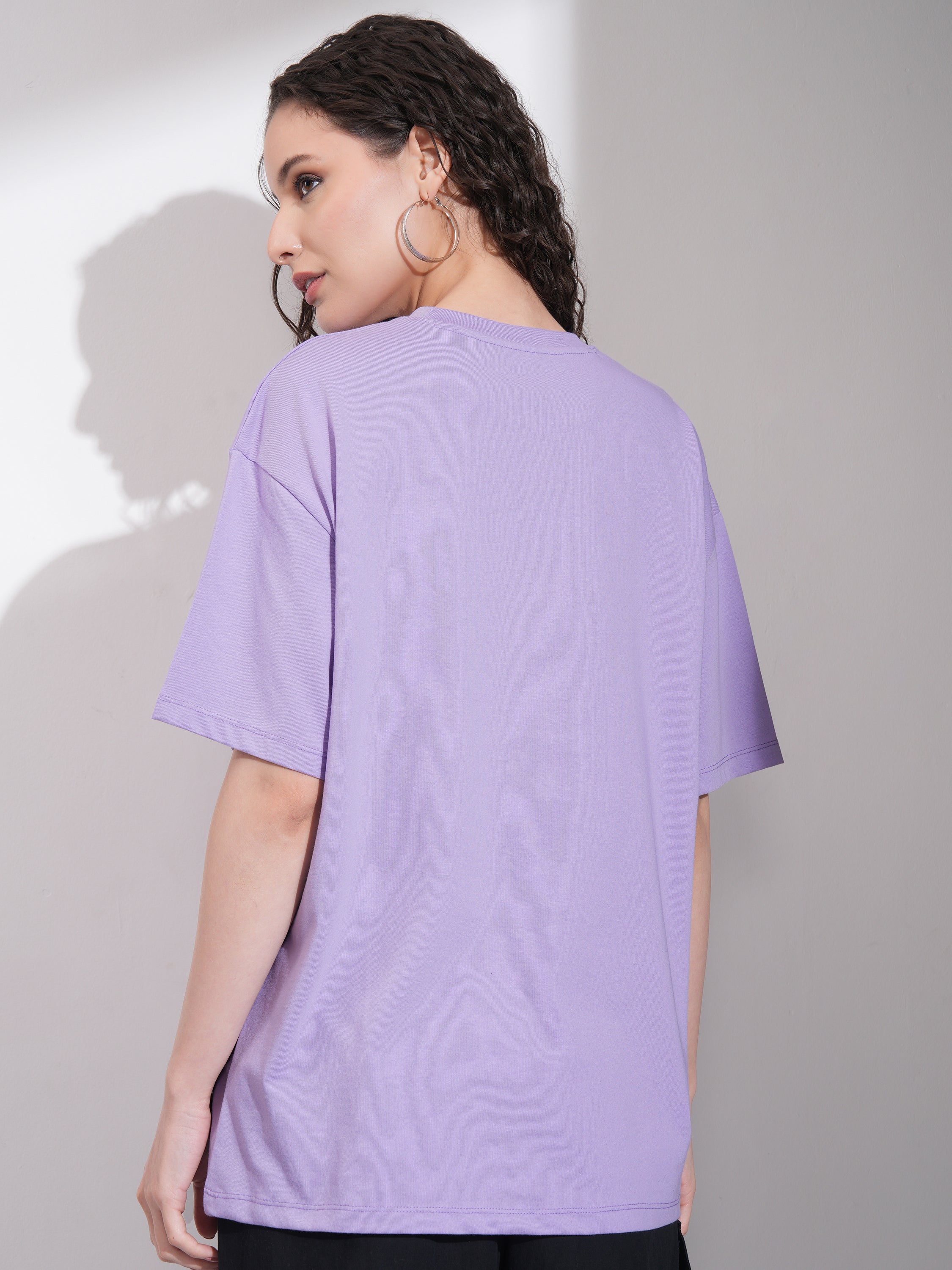 Tokyo Talkies Women Purple Embroidered Round Neck Oversized Fit T-Shirt - Purple - Image 3