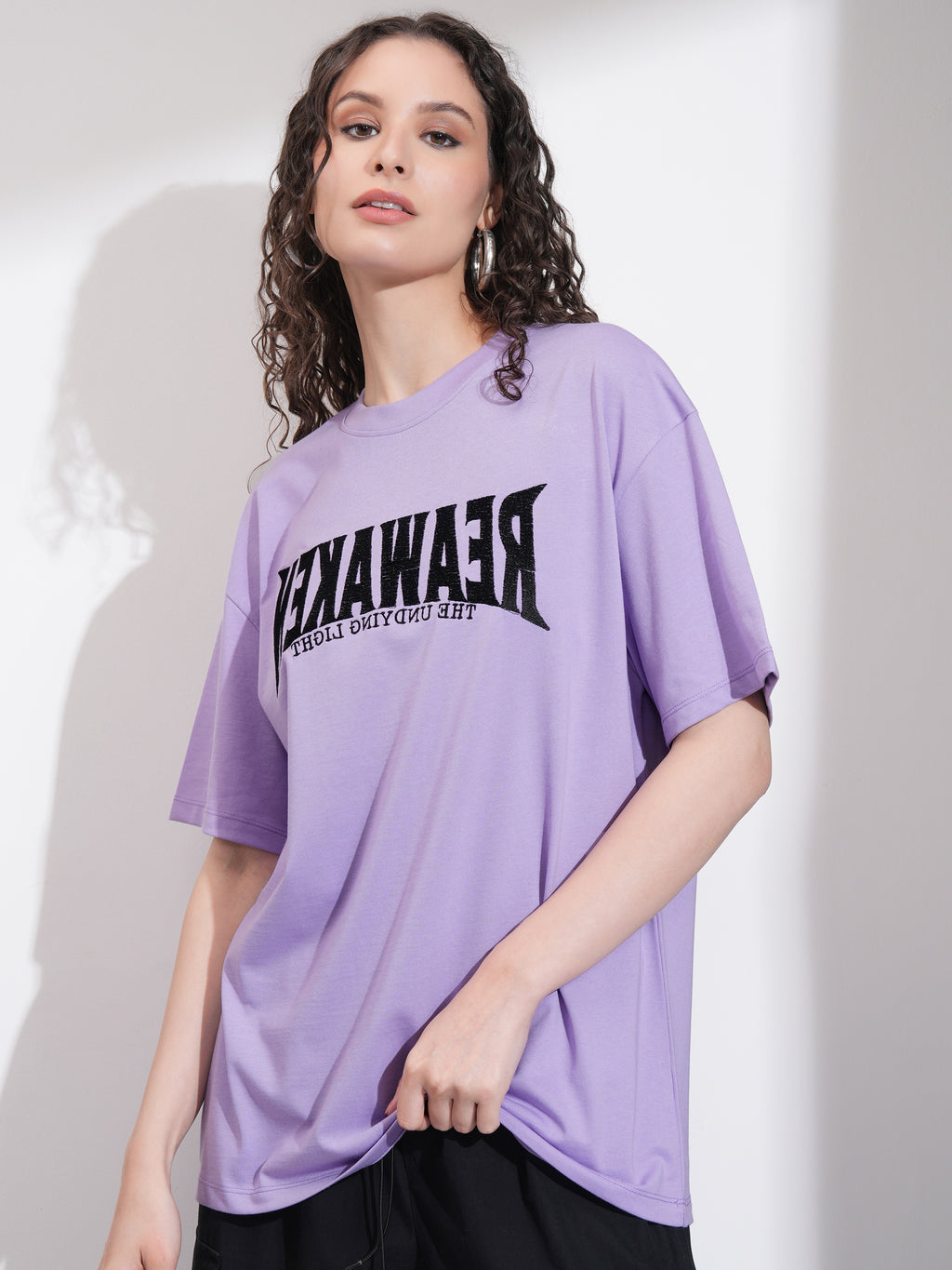 Tokyo Talkies Women Purple Embroidered Round Neck Oversized Fit T-Shirt - Purple - Image 4