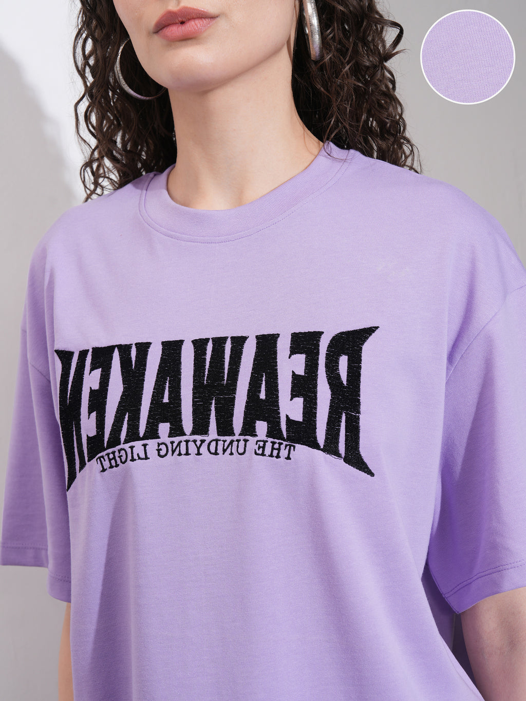 Tokyo Talkies Women Purple Embroidered Round Neck Oversized Fit T-Shirt - Purple - Image 5