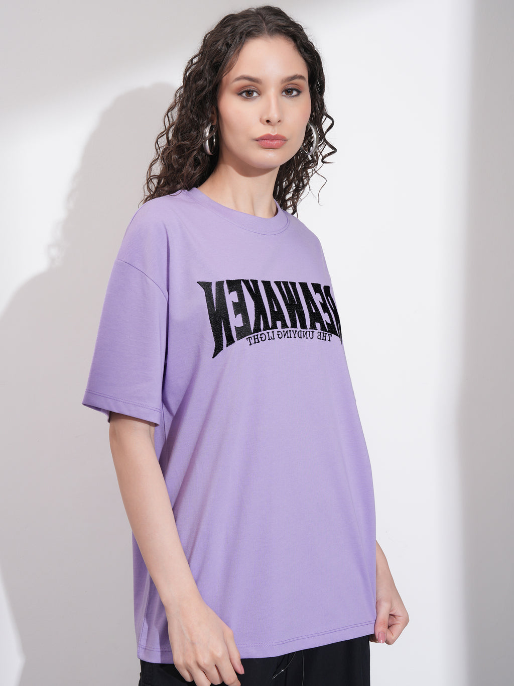 Tokyo Talkies Women Purple Embroidered Round Neck Oversized Fit T-Shirt - Purple - Image 6