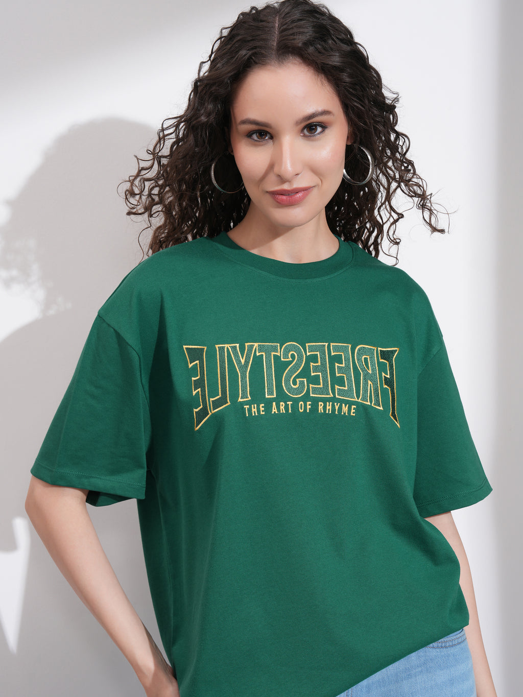 Tokyo Talkies Women Green Self Design Round Neck Oversized Fit T-Shirt - Green - Image 1