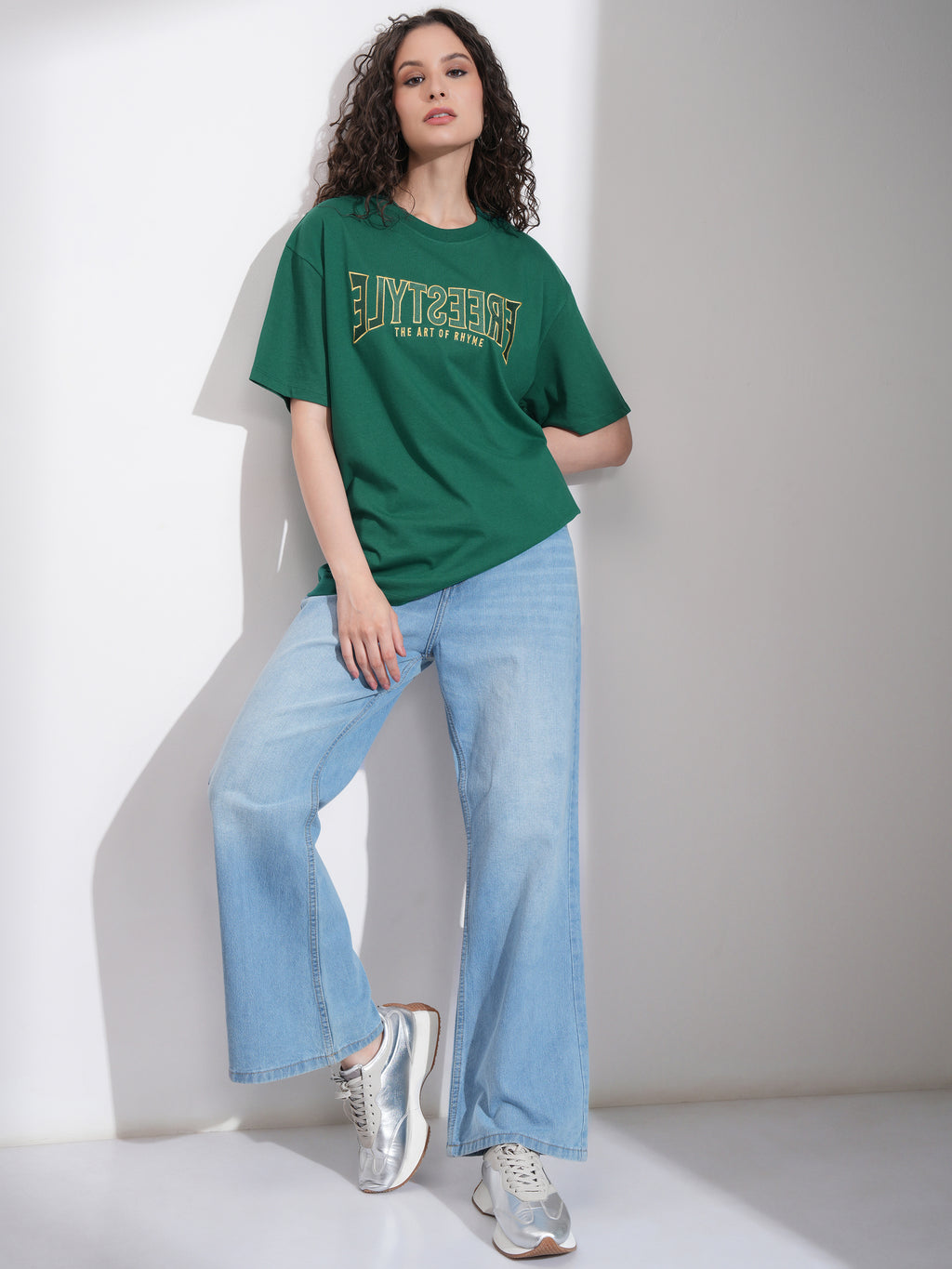 Tokyo Talkies Women Green Self Design Round Neck Oversized Fit T-Shirt - Green - Image 2