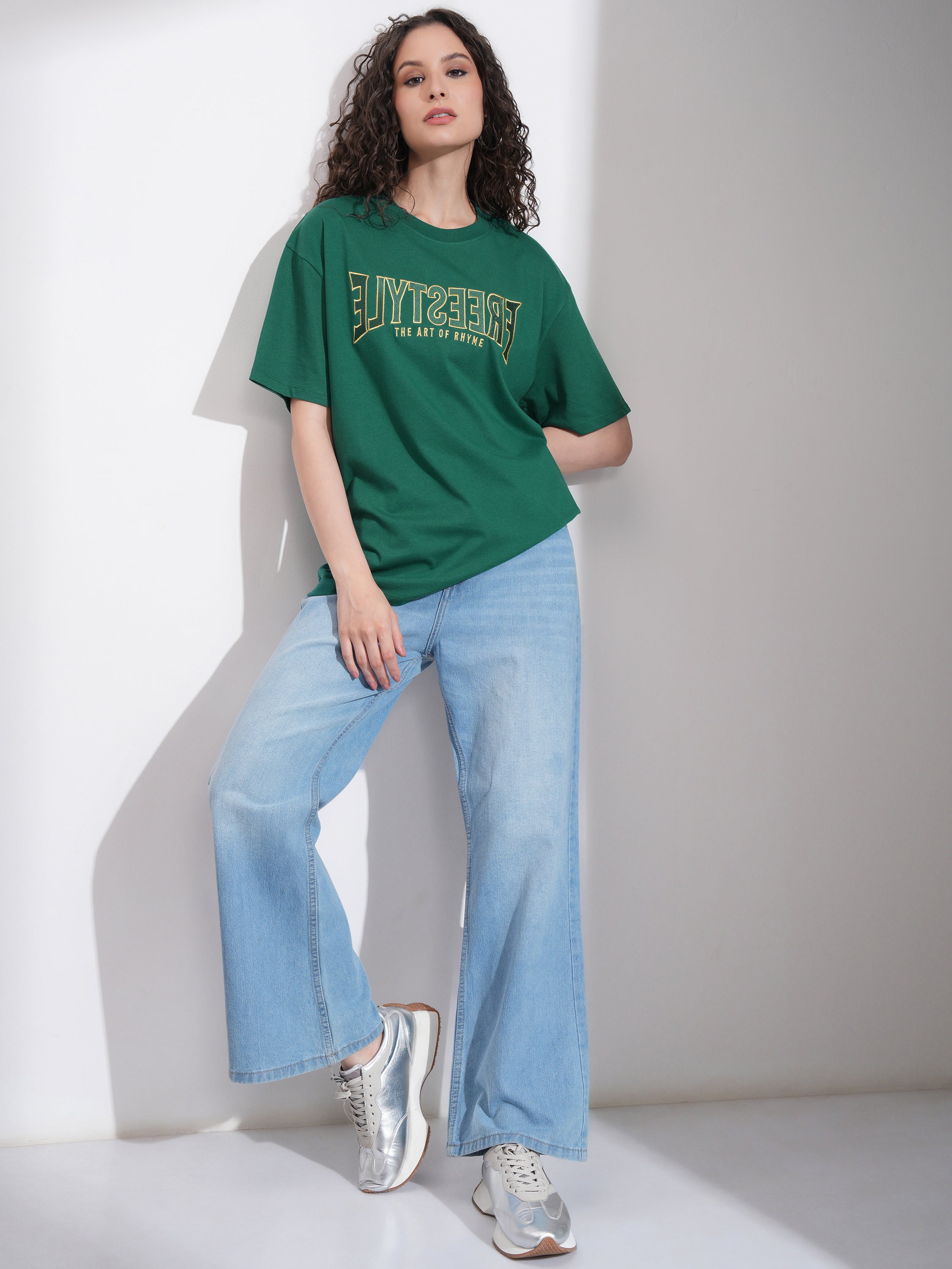 Tokyo Talkies Women Green Self Design Round Neck Oversized Fit T-Shirt - Green - Image 2