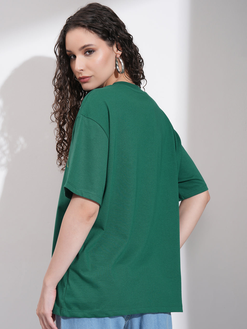 Tokyo Talkies Women Green Self Design Round Neck Oversized Fit T-Shirt - Green - Image 3
