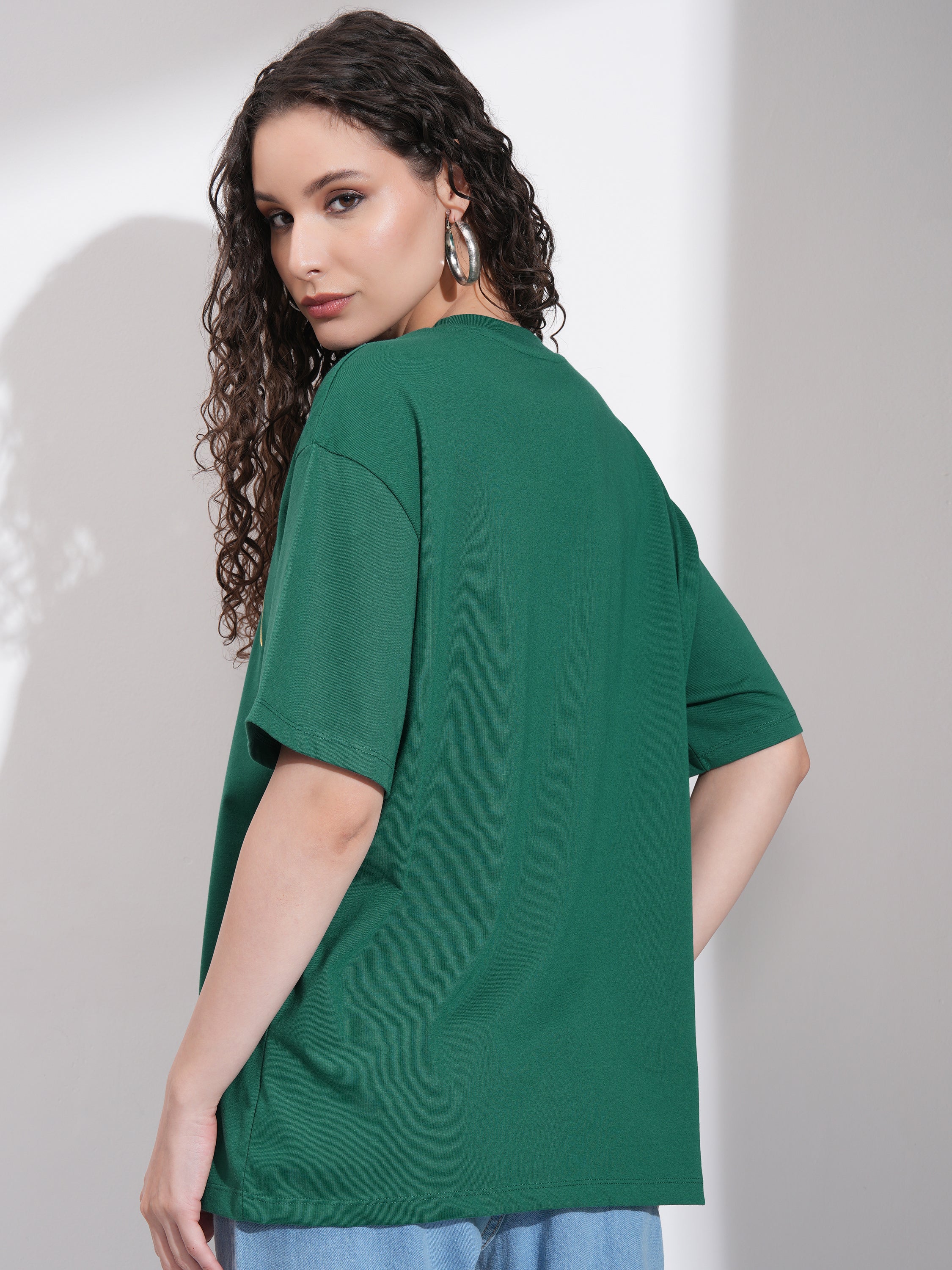 Tokyo Talkies Women Green Self Design Round Neck Oversized Fit T-Shirt - Green - Image 3