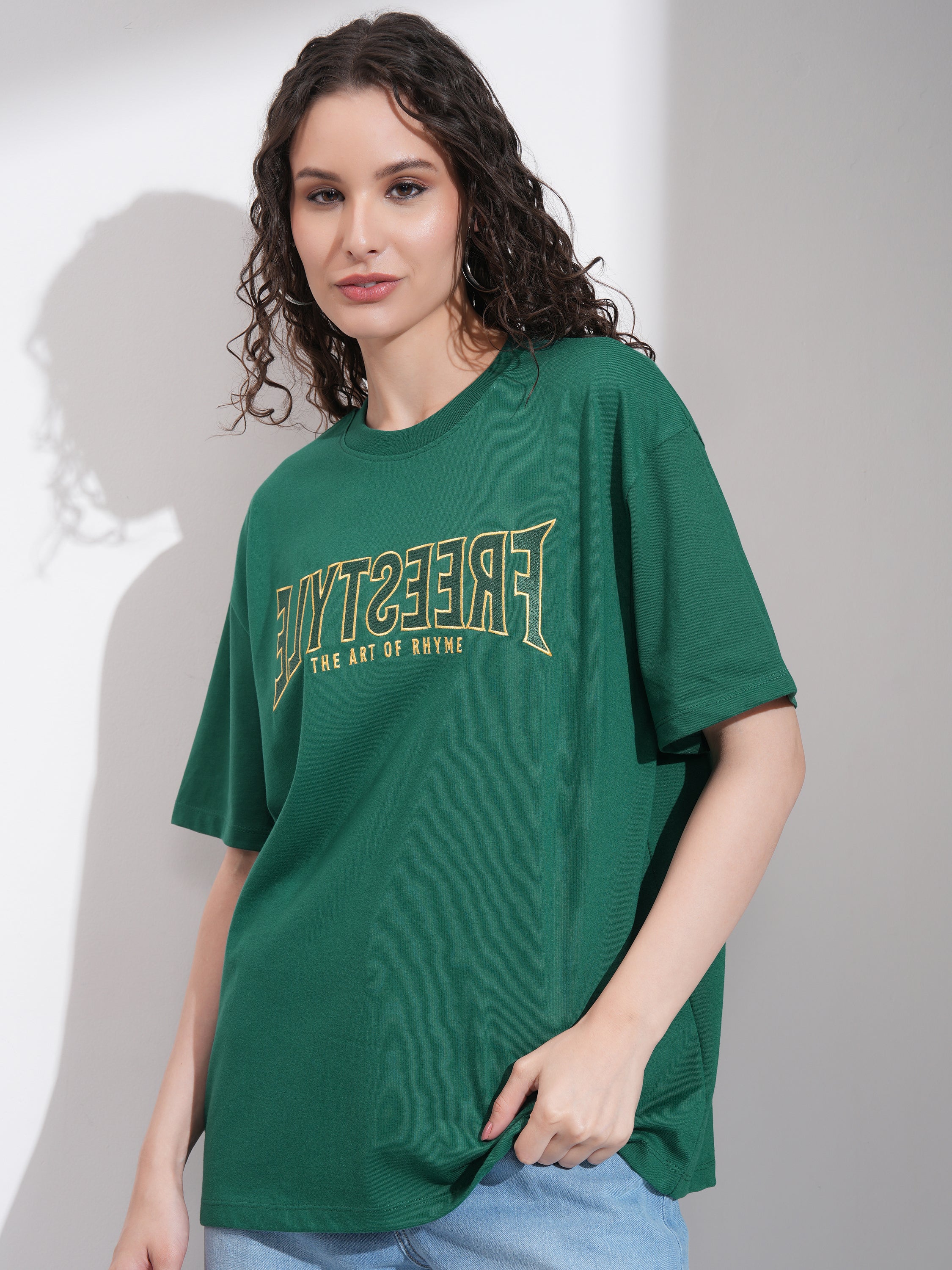 Tokyo Talkies Women Green Self Design Round Neck Oversized Fit T-Shirt - Green - Image 4
